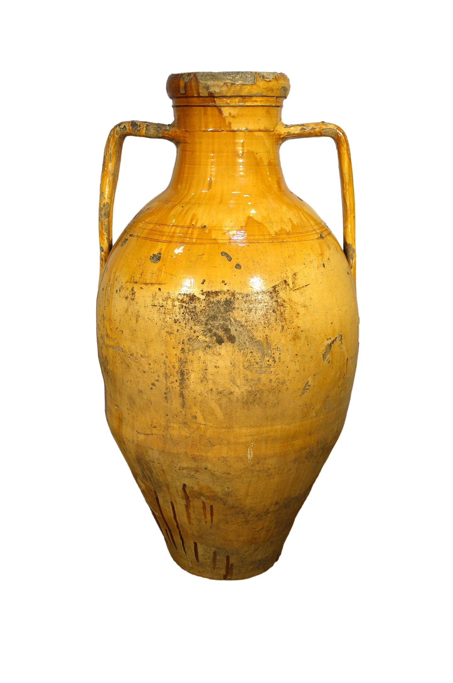 Antikes italienisches Orcio Puglia #1, kugelförmiges Terrakottaglas, Ocker- und Schirmglasur (Primitiv)