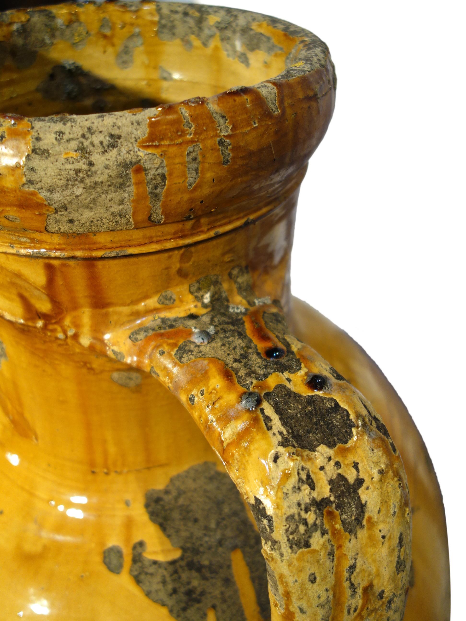 Antique Italian Orcio Puglia #1, Colossal Terra Cotta Jar, Ochre and Umber Glaze In Fair Condition In Encinitas, CA