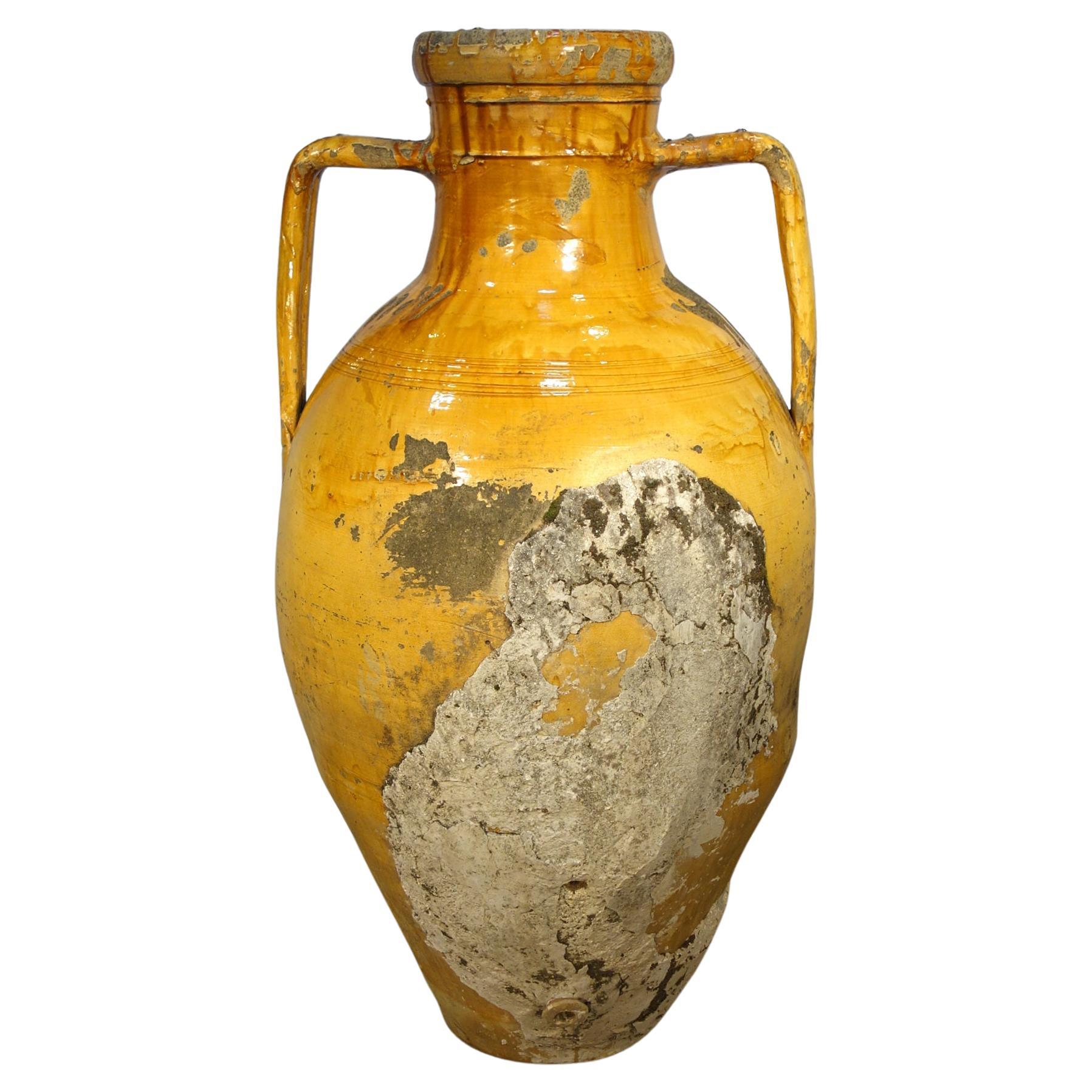 Antikes italienisches Orcio Puglia #1, kugelförmiges Terrakottaglas, Ocker- und Schirmglasur