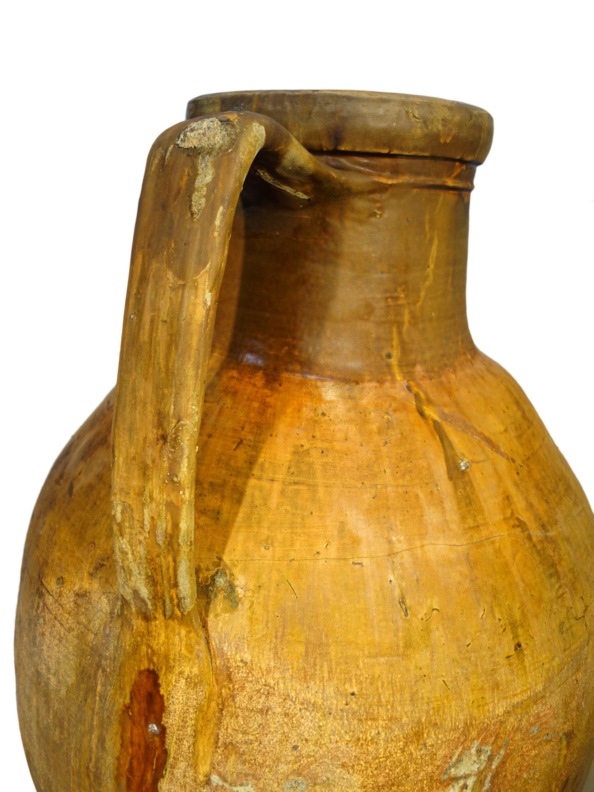 19th Century Antique Italian Orcio Puglia #3, Colossal Terra Cotta Jar, Ochre and Umber Glaze For Sale
