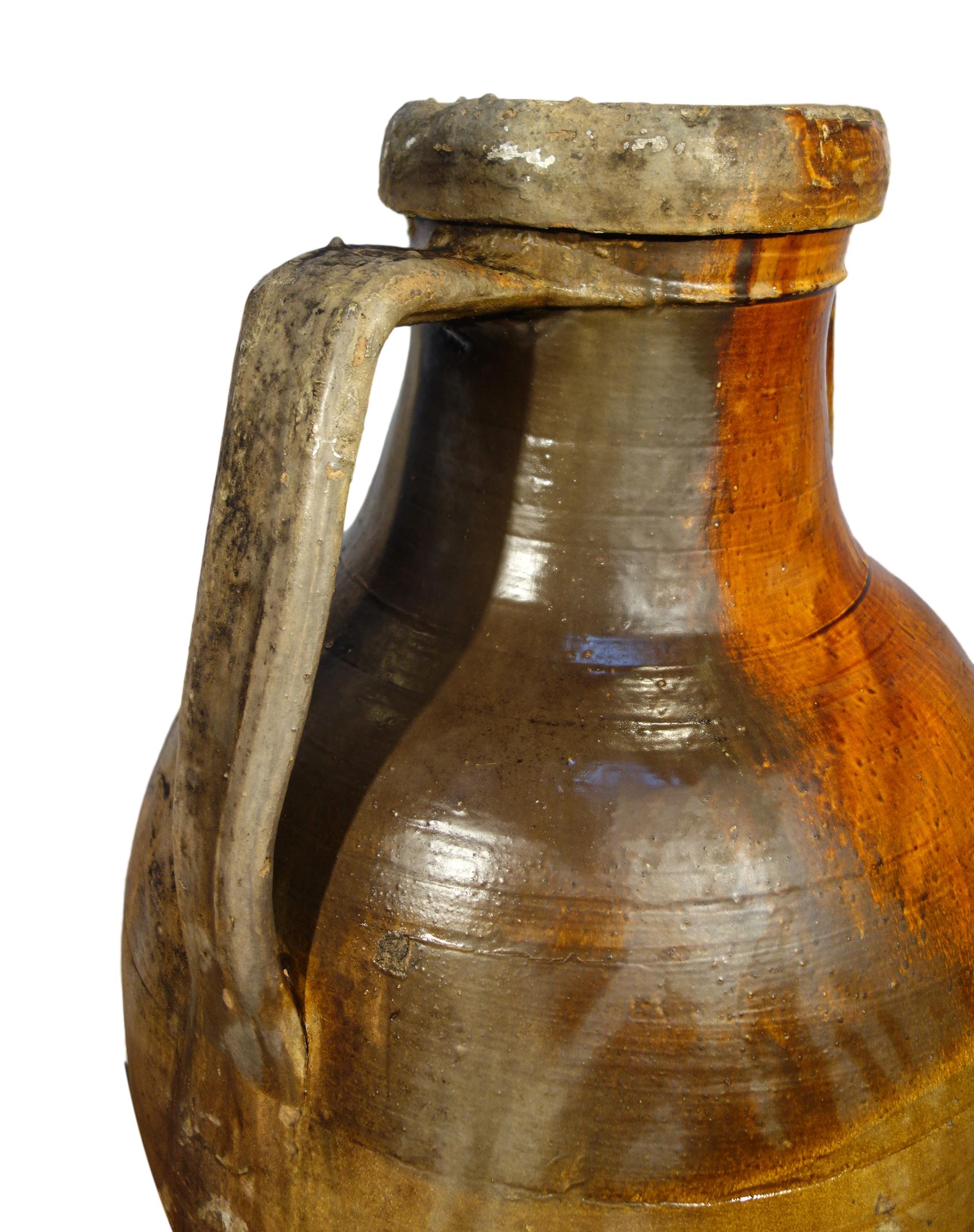 Antique Italian Orcio Puglia #4, Colossal Terra Cotta Jar, Ochre and Umber Glaze For Sale 3