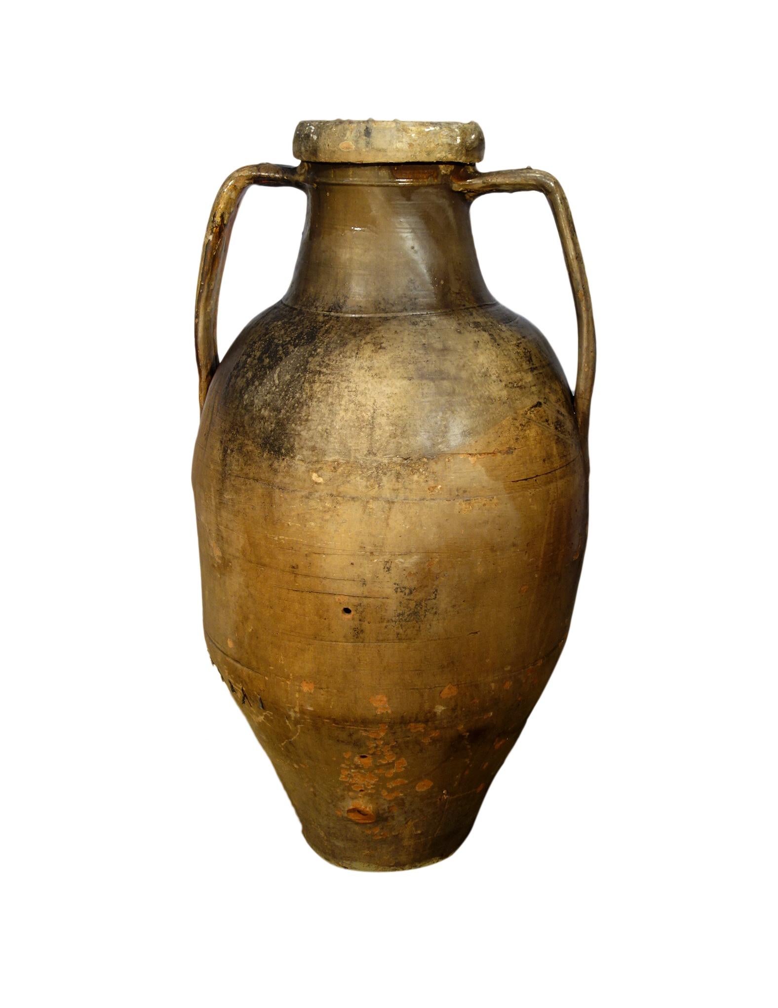 Primitive Antique Italian Orcio Puglia #4, Colossal Terra Cotta Jar, Ochre and Umber Glaze For Sale