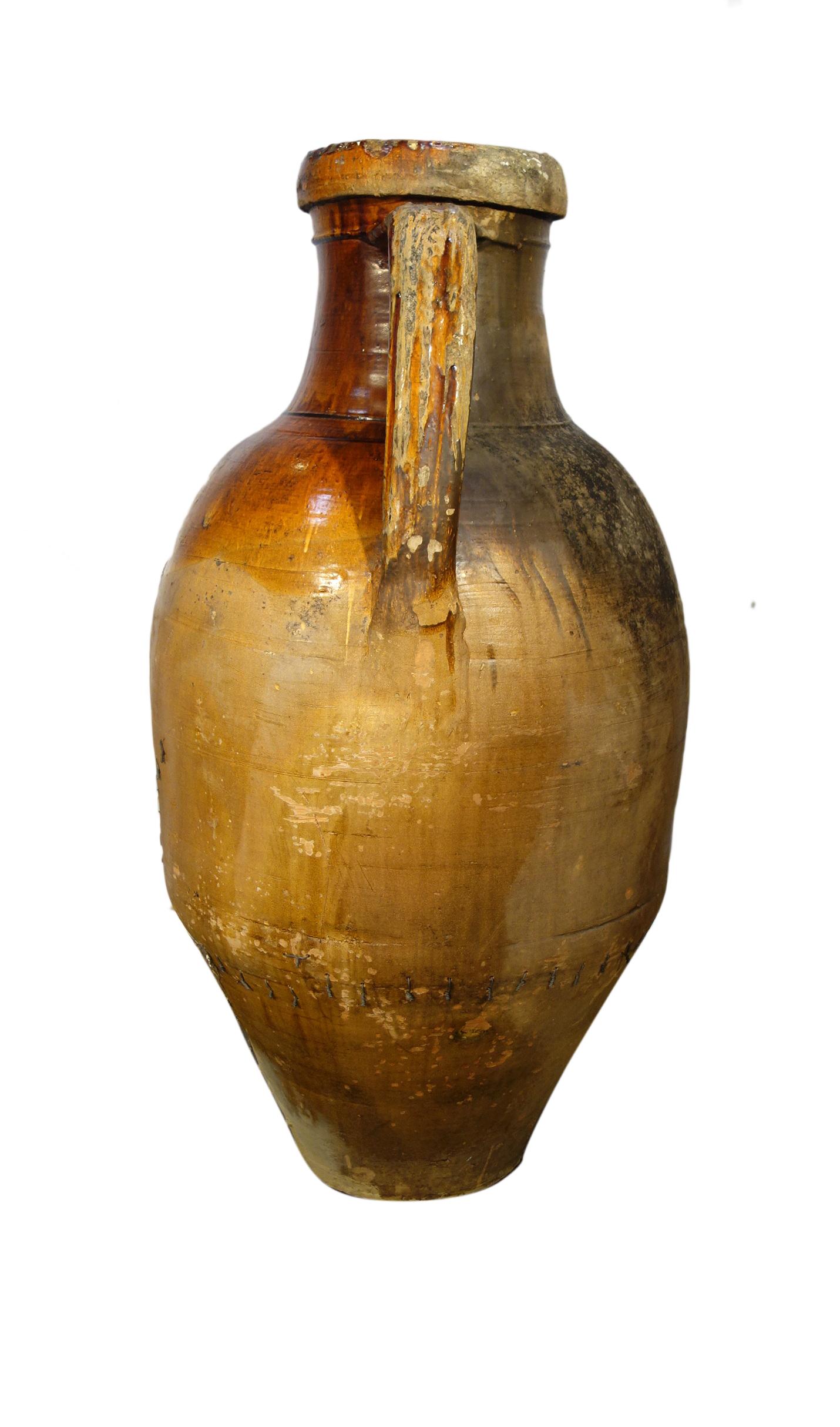 Hand-Crafted Antique Italian Orcio Puglia #4, Colossal Terra Cotta Jar, Ochre and Umber Glaze For Sale
