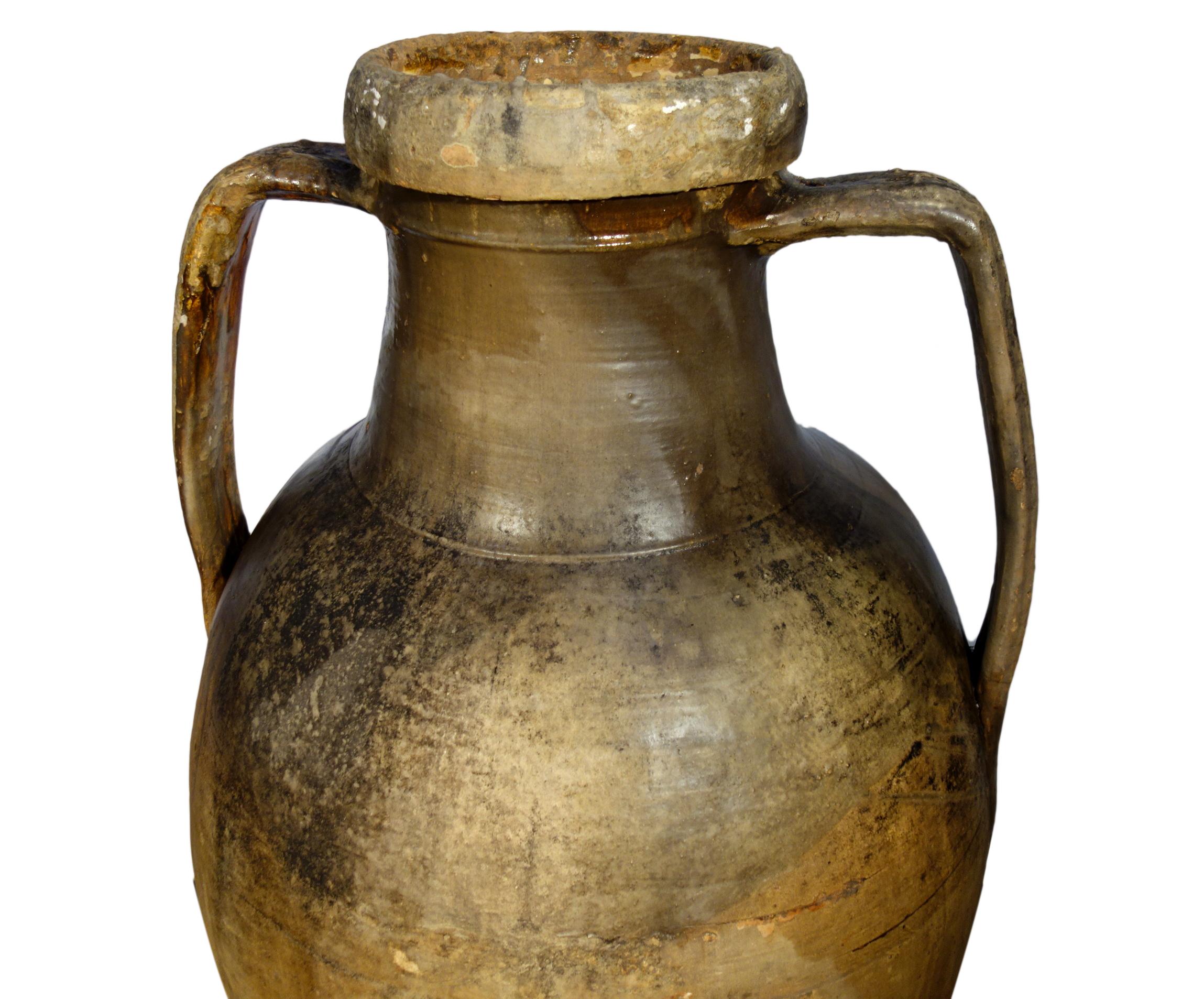 19th Century Antique Italian Orcio Puglia #4, Colossal Terra Cotta Jar, Ochre and Umber Glaze For Sale