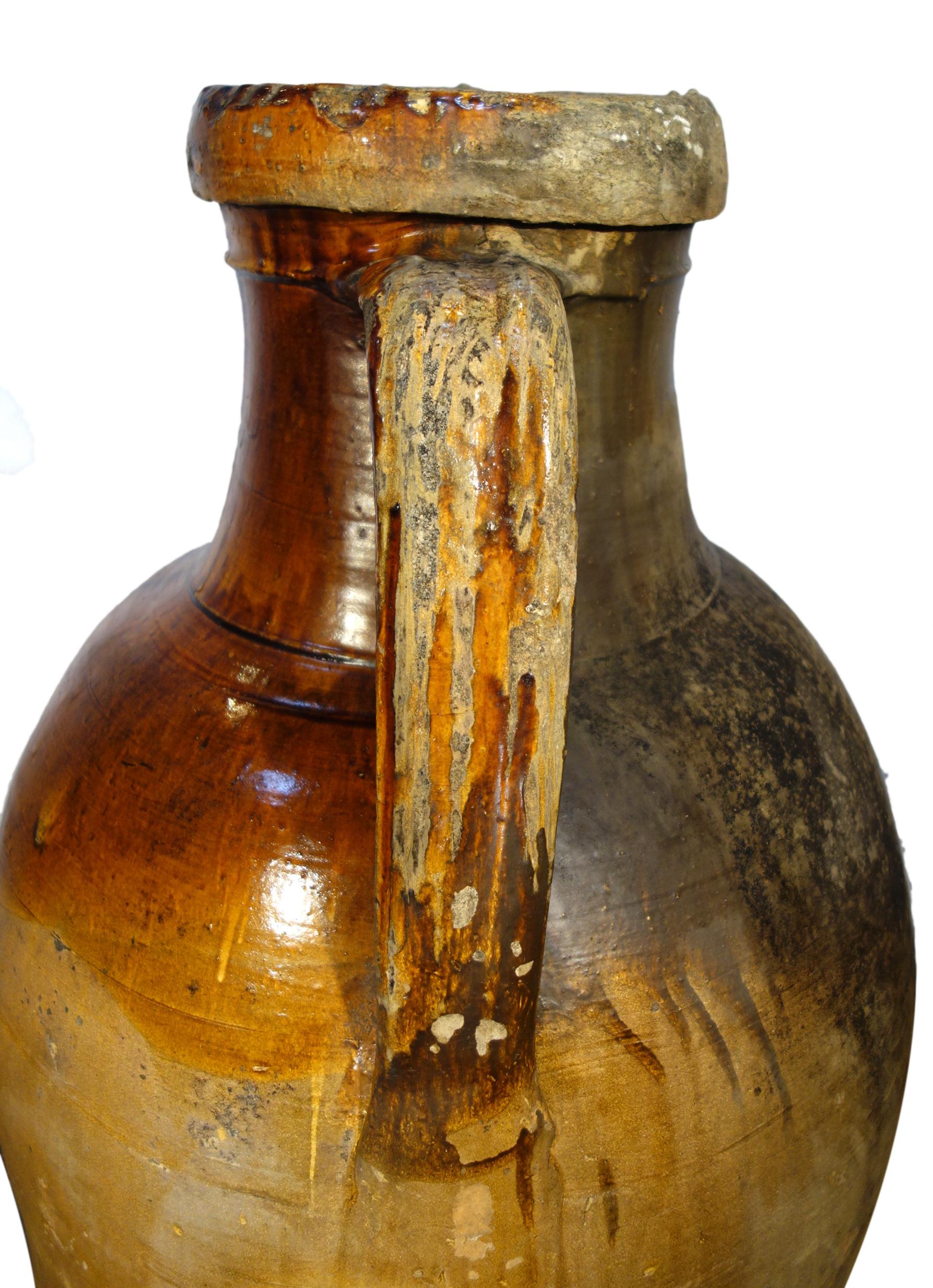 Terracotta Antique Italian Orcio Puglia #4, Colossal Terra Cotta Jar, Ochre and Umber Glaze For Sale