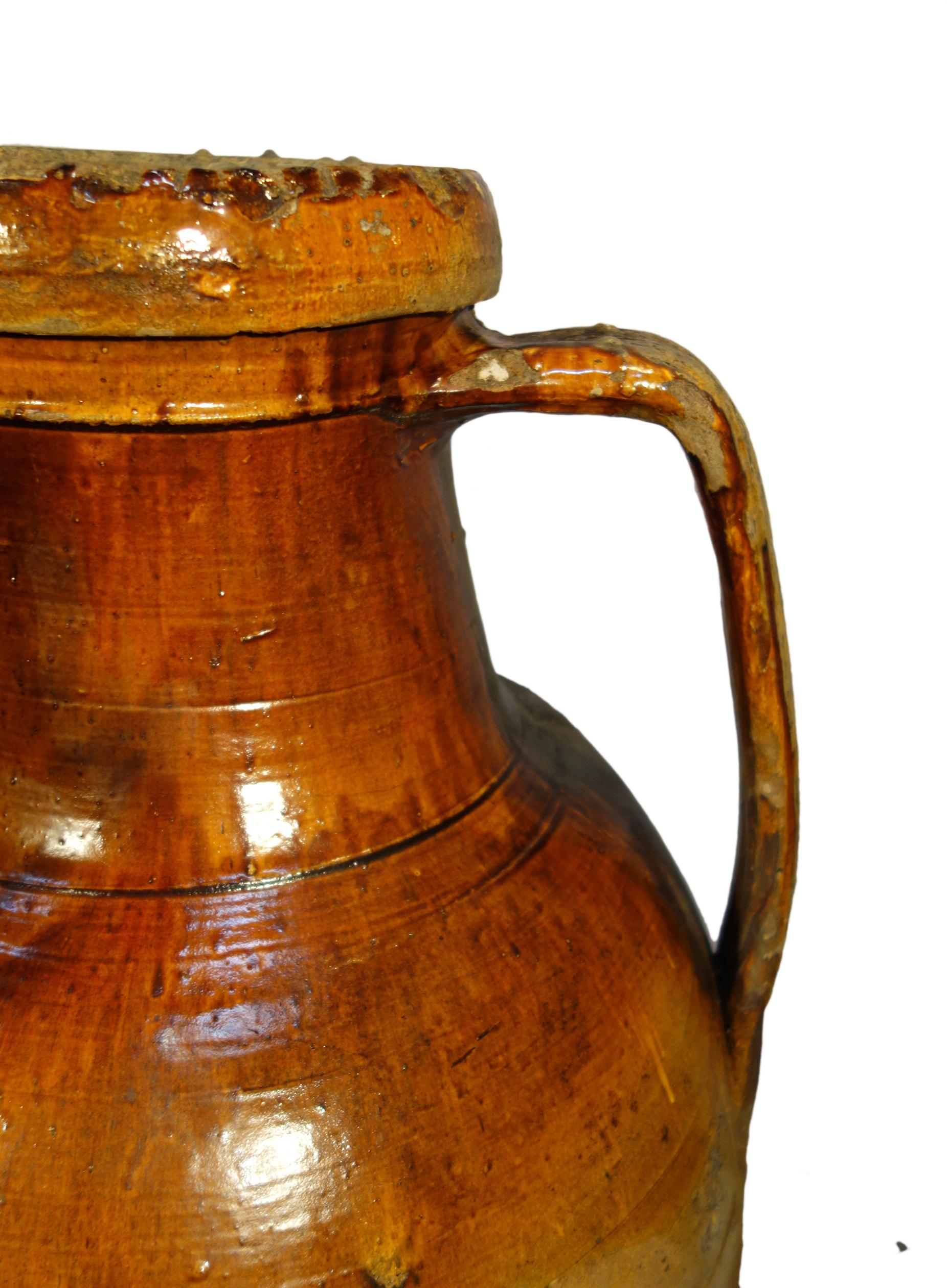 Antique Italian Orcio Puglia #4, Colossal Terra Cotta Jar, Ochre and Umber Glaze For Sale 1