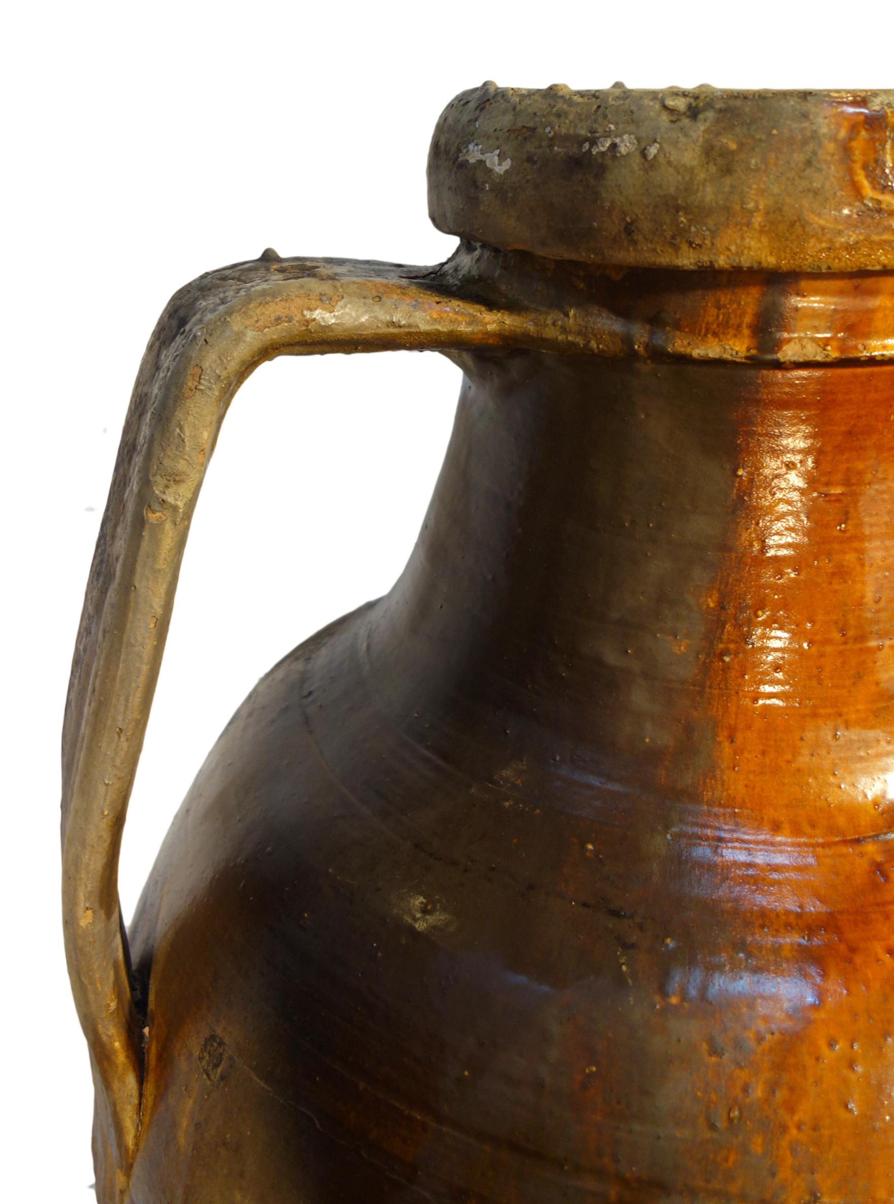 Antique Italian Orcio Puglia #4, Colossal Terra Cotta Jar, Ochre and Umber Glaze For Sale 2