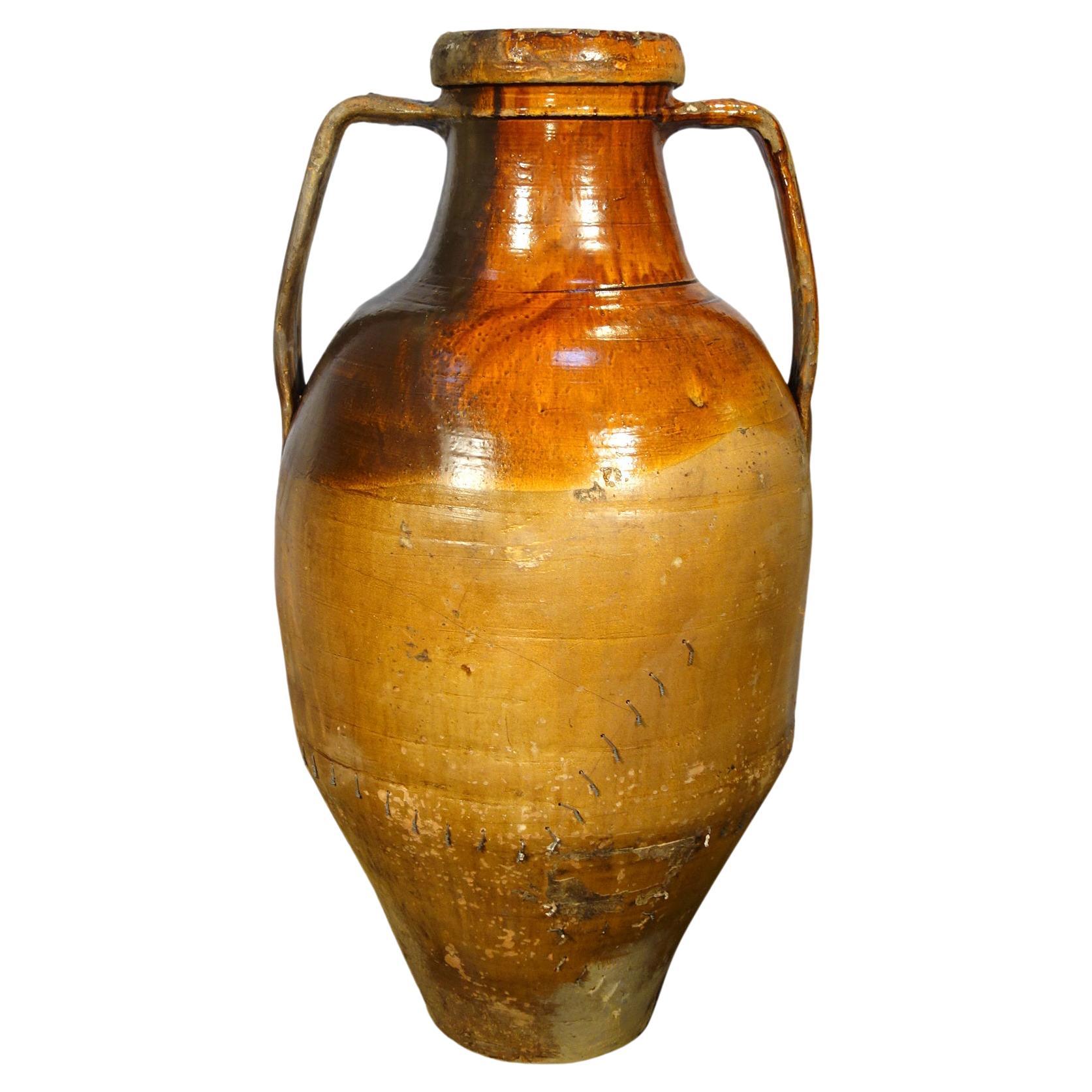 Antique Italian Orcio Puglia #4, Colossal Terra Cotta Jar, Ochre and Umber Glaze For Sale