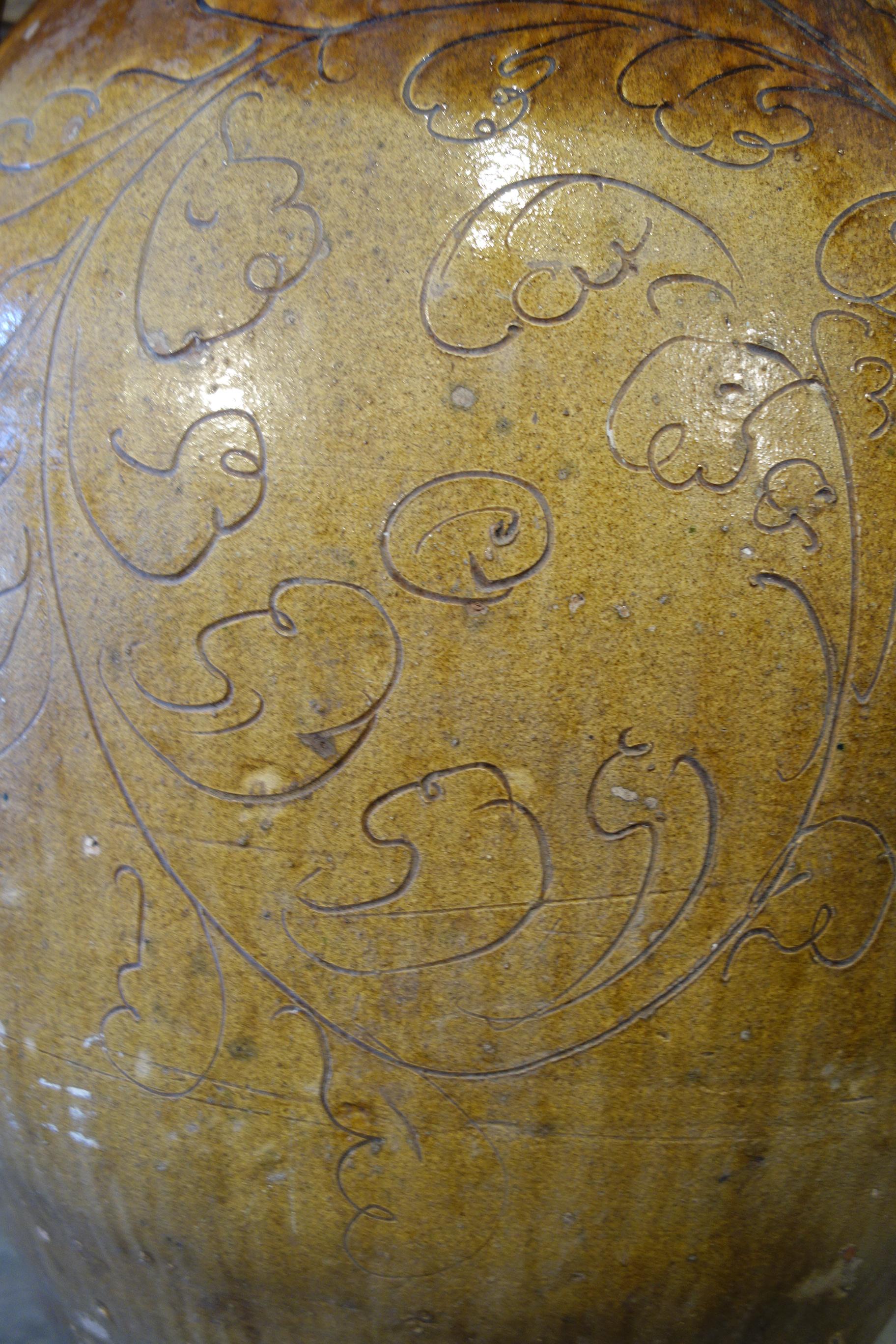 Antique Italian Orcio Puglia Colossal Jar Ochre and Umber Glaze with Engraving 5