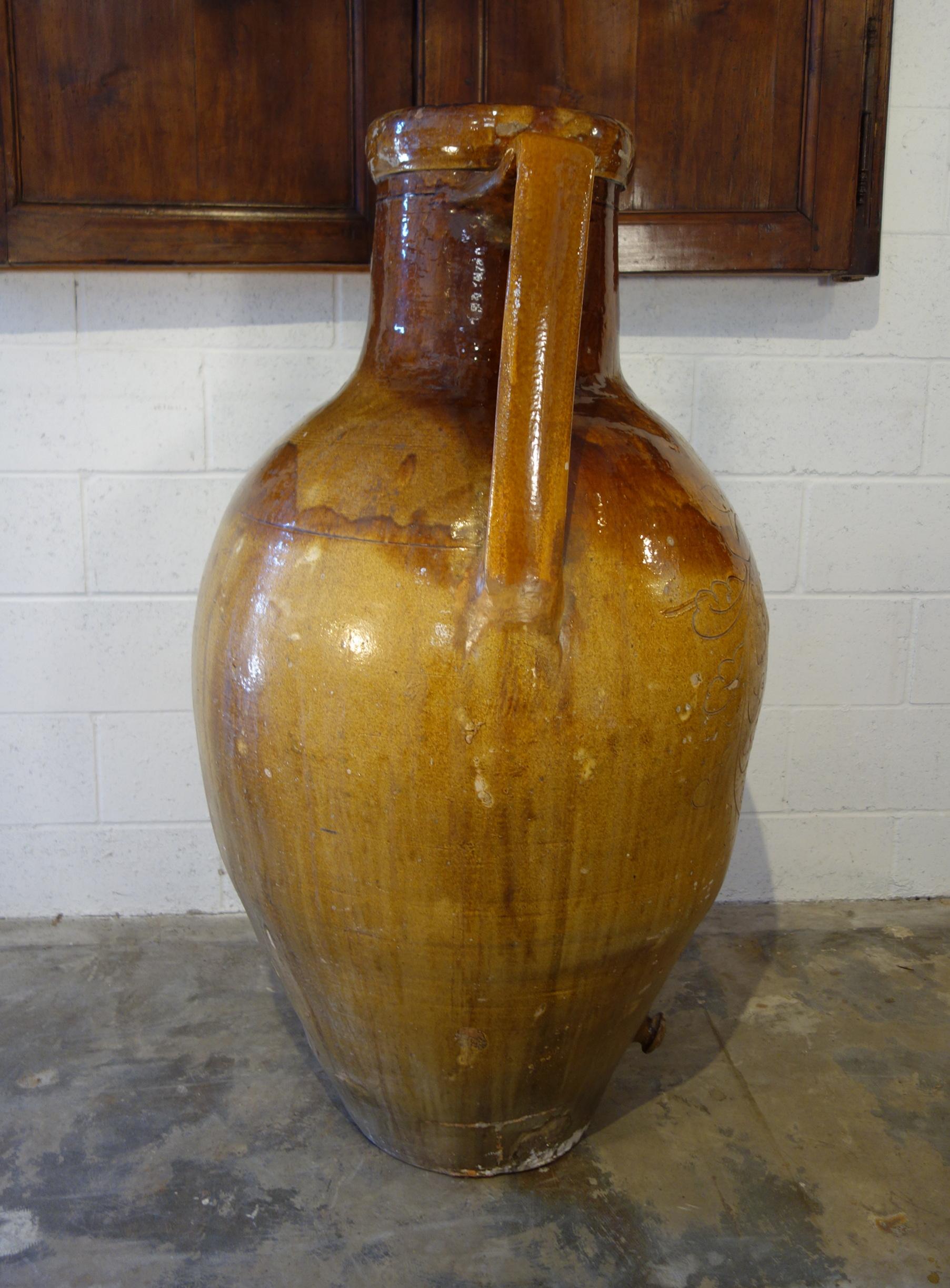 Antique Italian Orcio Puglia Colossal Jar Ochre and Umber Glaze with Engraving 6