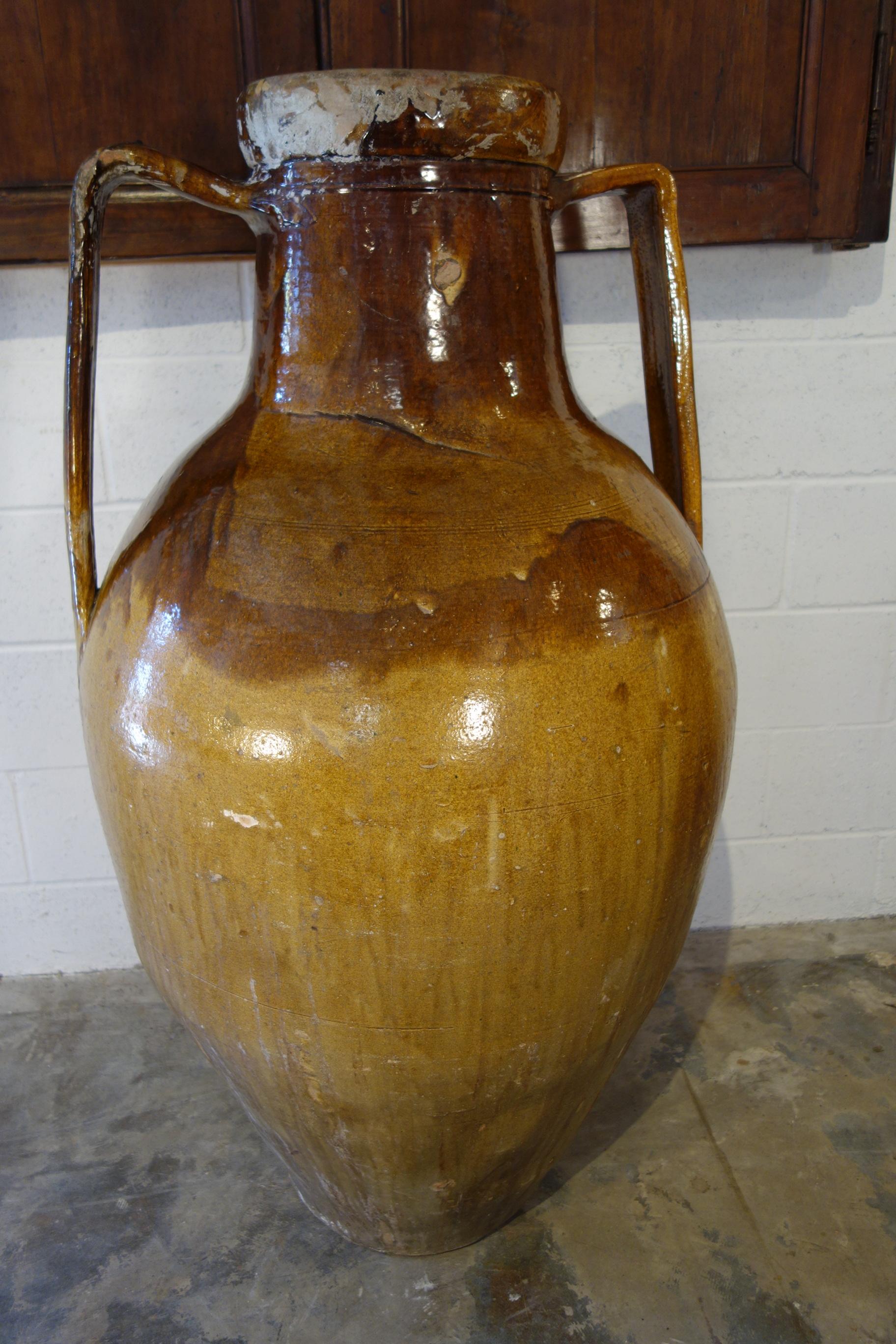 Antique Italian Orcio Puglia Colossal Jar Ochre and Umber Glaze with Engraving 9