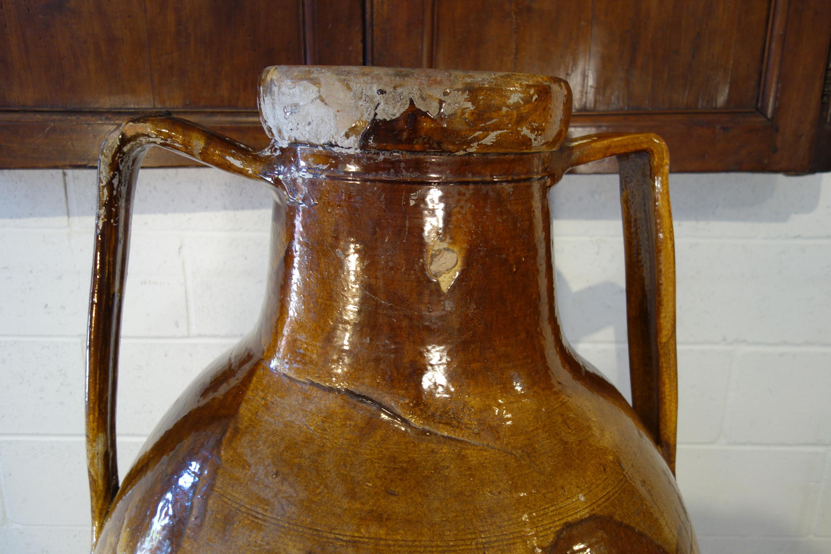 Antique Italian Orcio Puglia Colossal Jar Ochre and Umber Glaze with Engraving 10