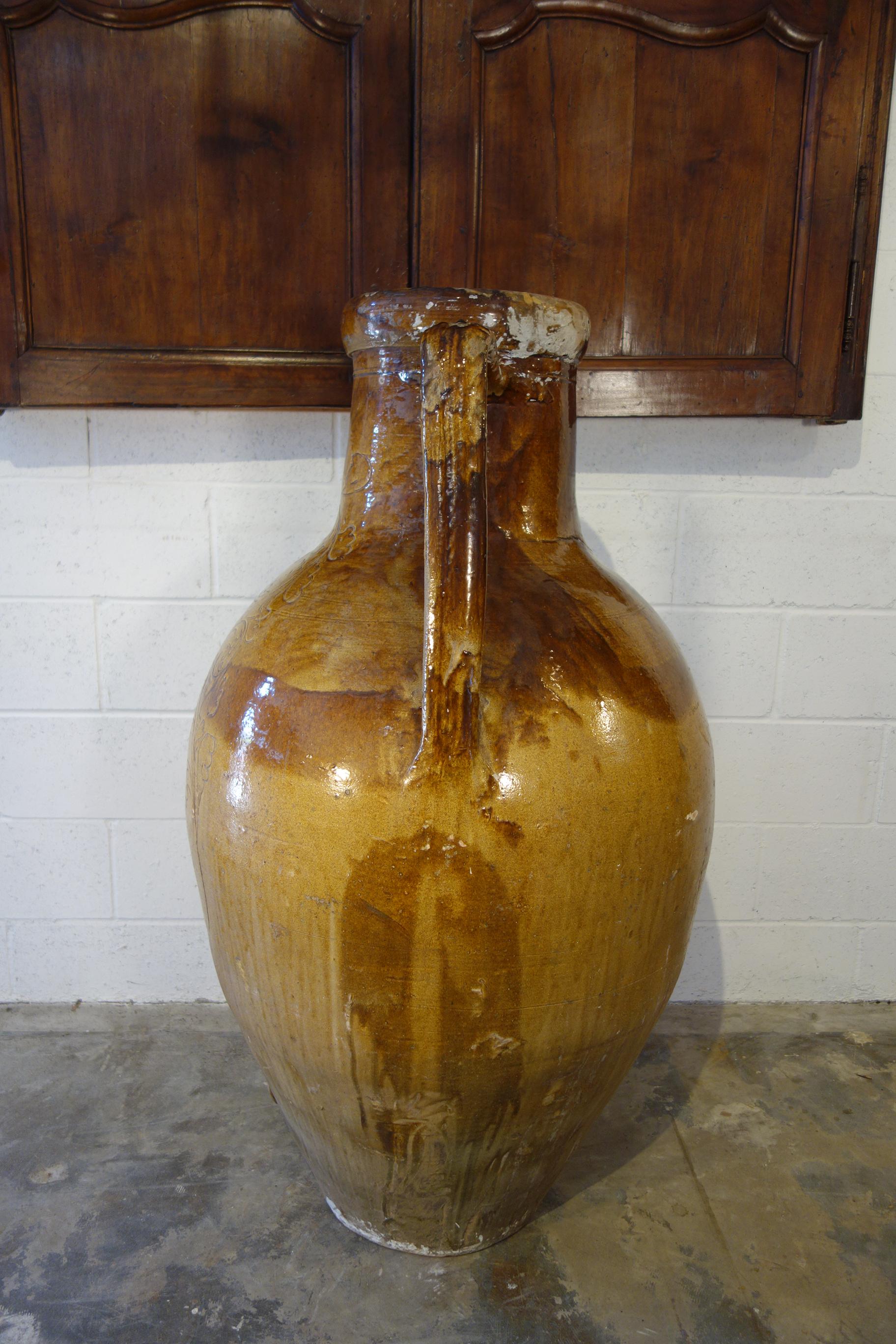 Antique Italian Orcio Puglia Colossal Jar Ochre and Umber Glaze with Engraving 11