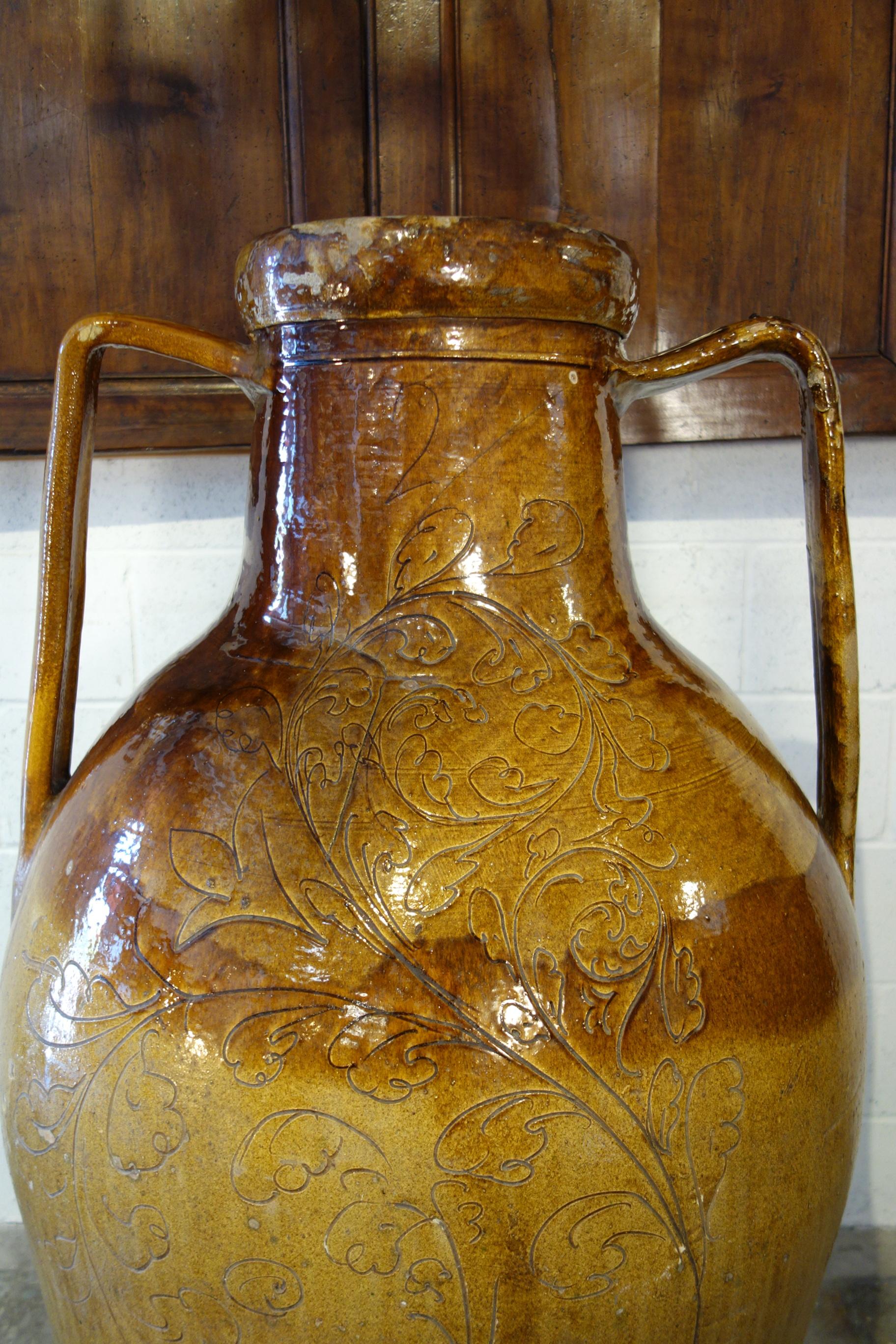 Primitive Antique Italian Orcio Puglia Colossal Jar Ochre and Umber Glaze with Engraving