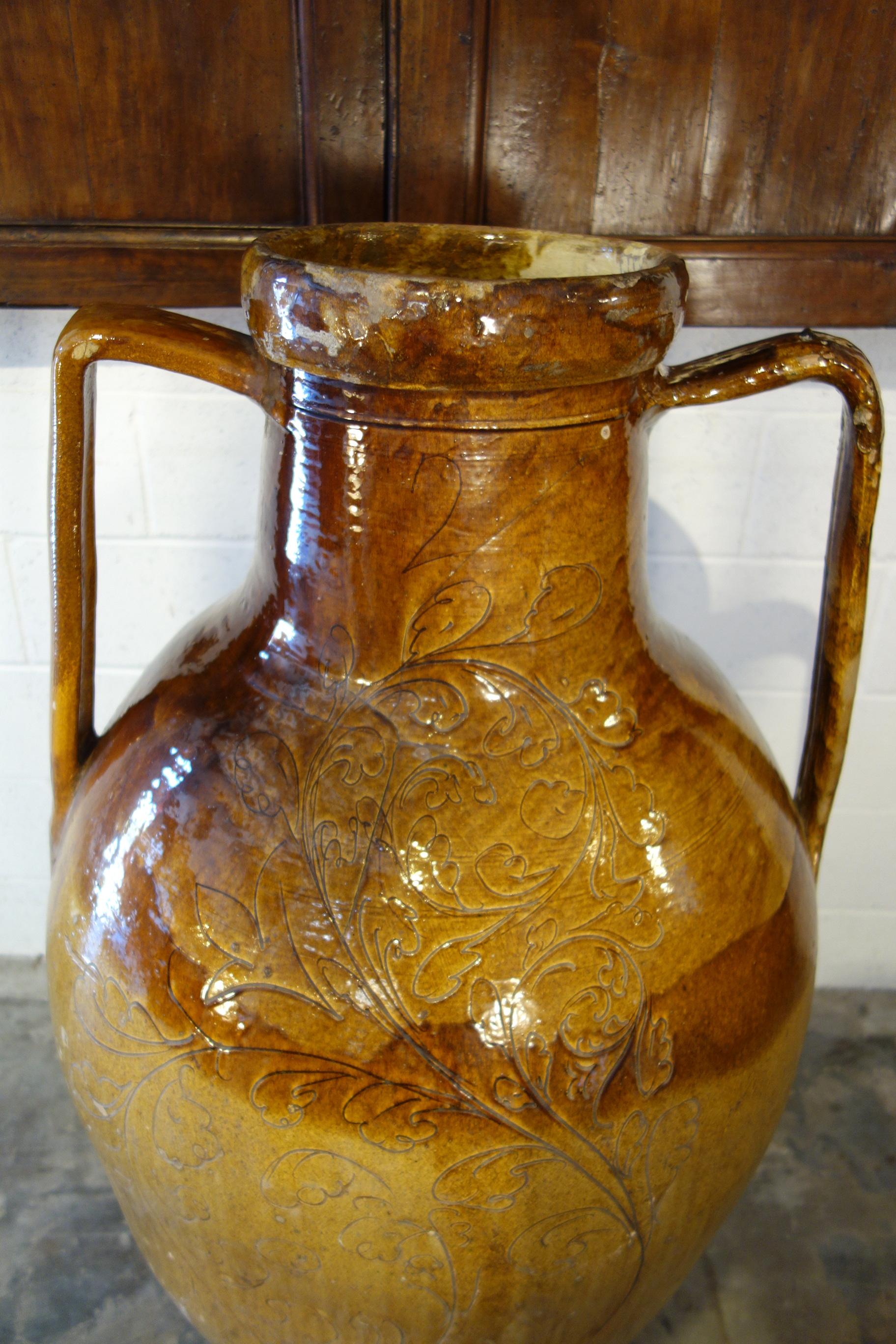 Glazed Antique Italian Orcio Puglia Colossal Jar Ochre and Umber Glaze with Engraving