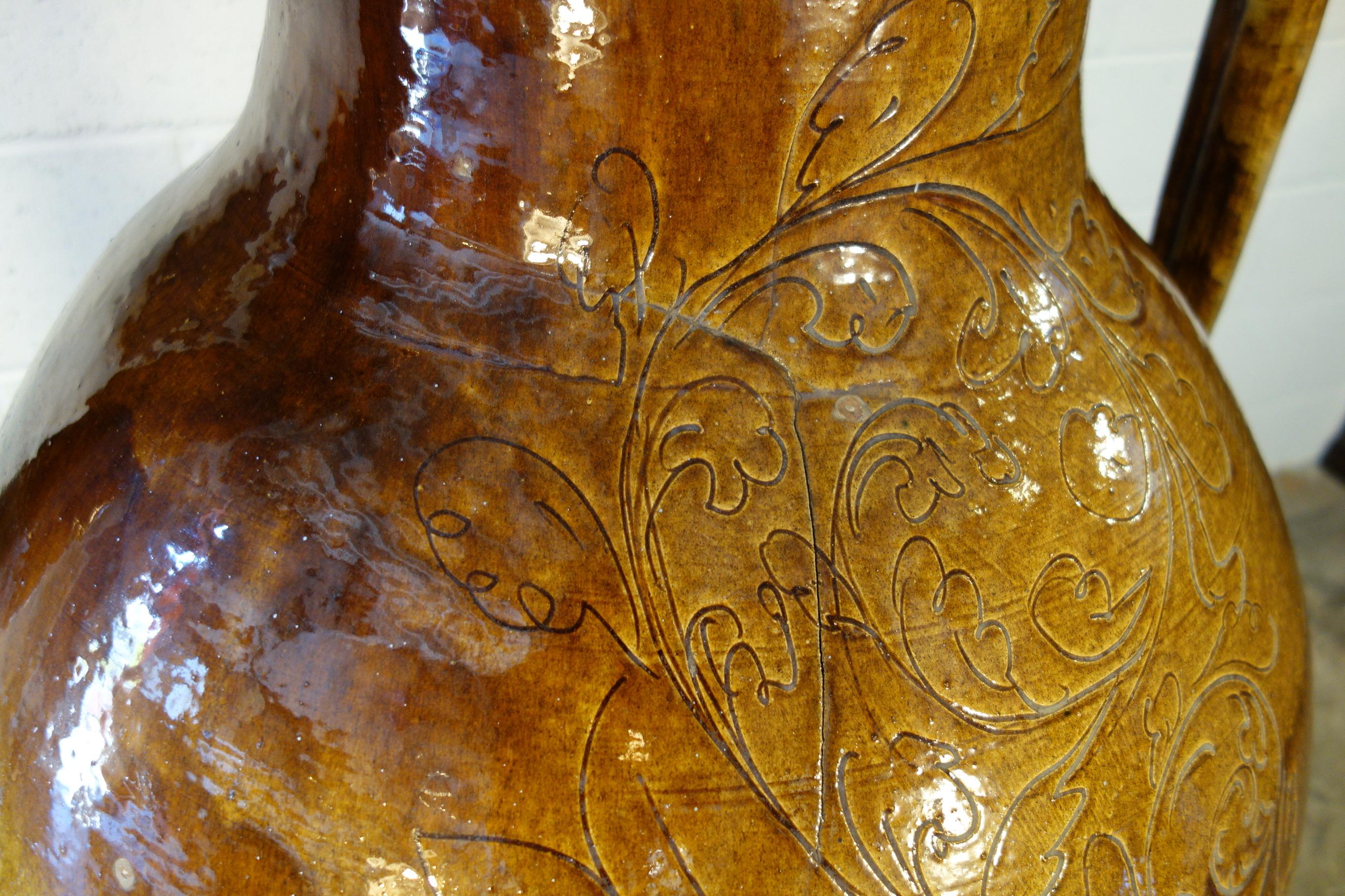 Antique Italian Orcio Puglia Colossal Jar Ochre and Umber Glaze with Engraving In Good Condition In Encinitas, CA