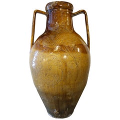 Antique Italian Orcio Puglia Colossal Jar Ochre and Umber Glaze with Engraving