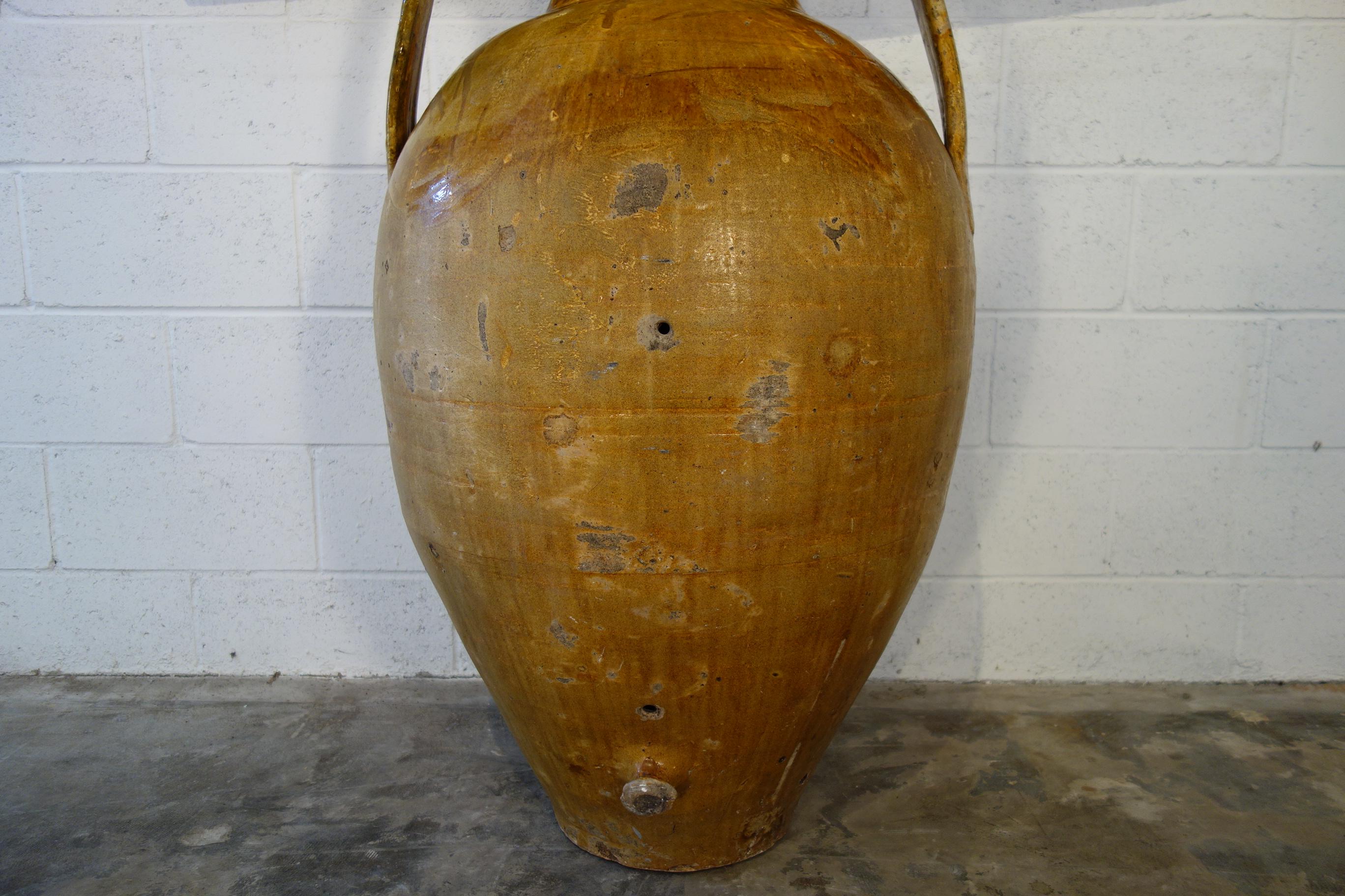 Primitive Antique Italian Orcio Puglia Large Jar with Umber Ochre Glaze