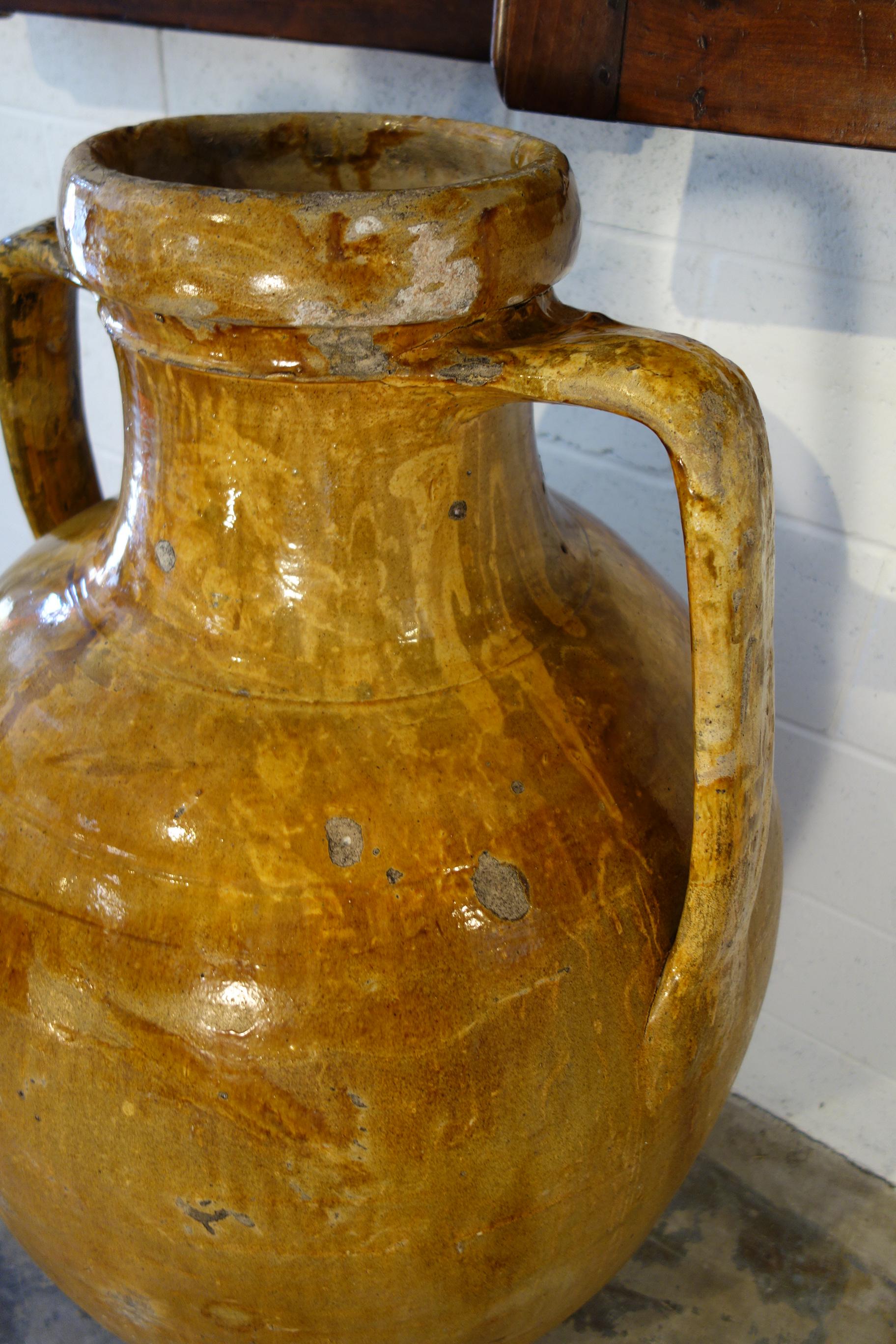 Mid-19th Century Antique Italian Orcio Puglia Large Jar with Umber Ochre Glaze
