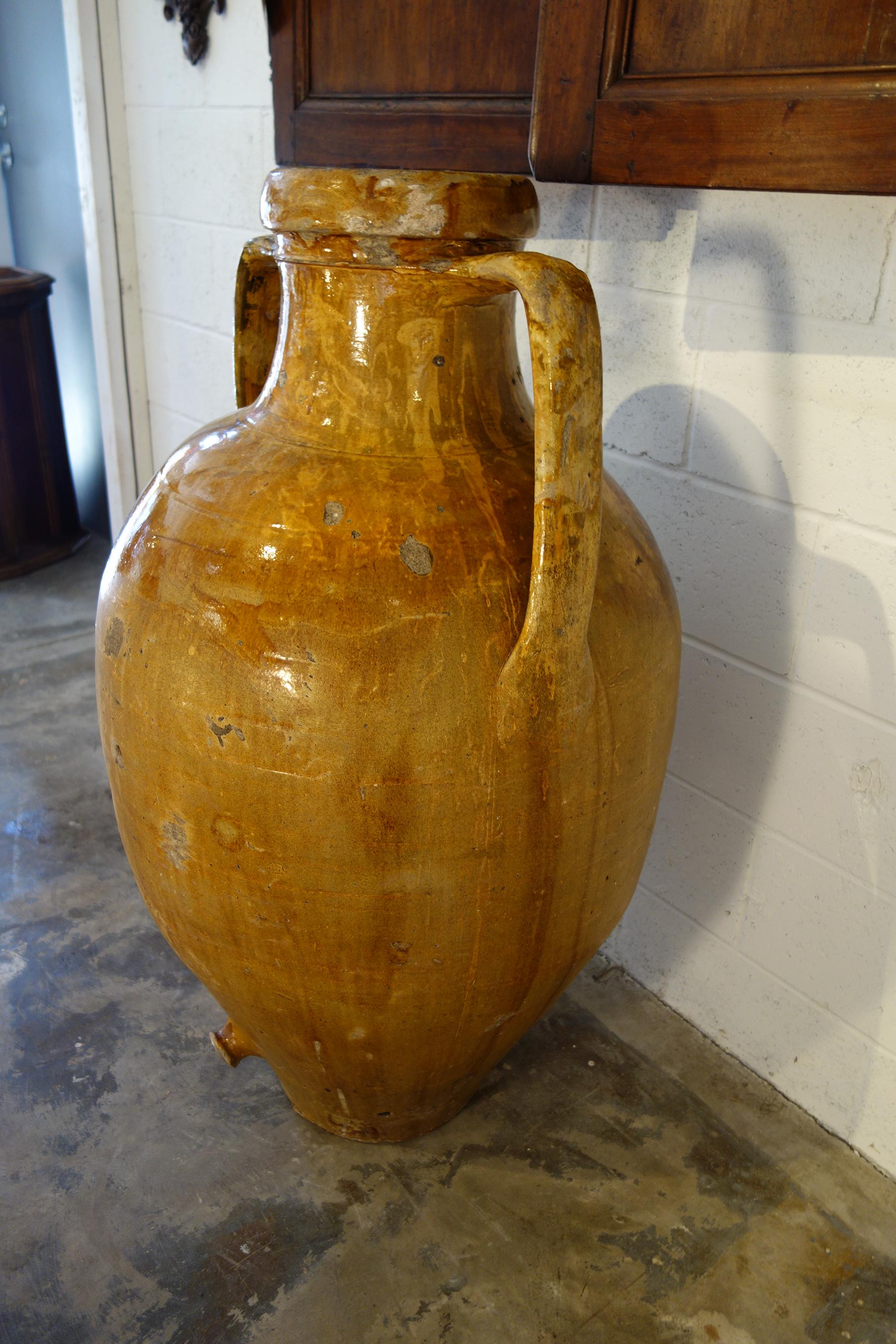 Terracotta Antique Italian Orcio Puglia Large Jar with Umber Ochre Glaze
