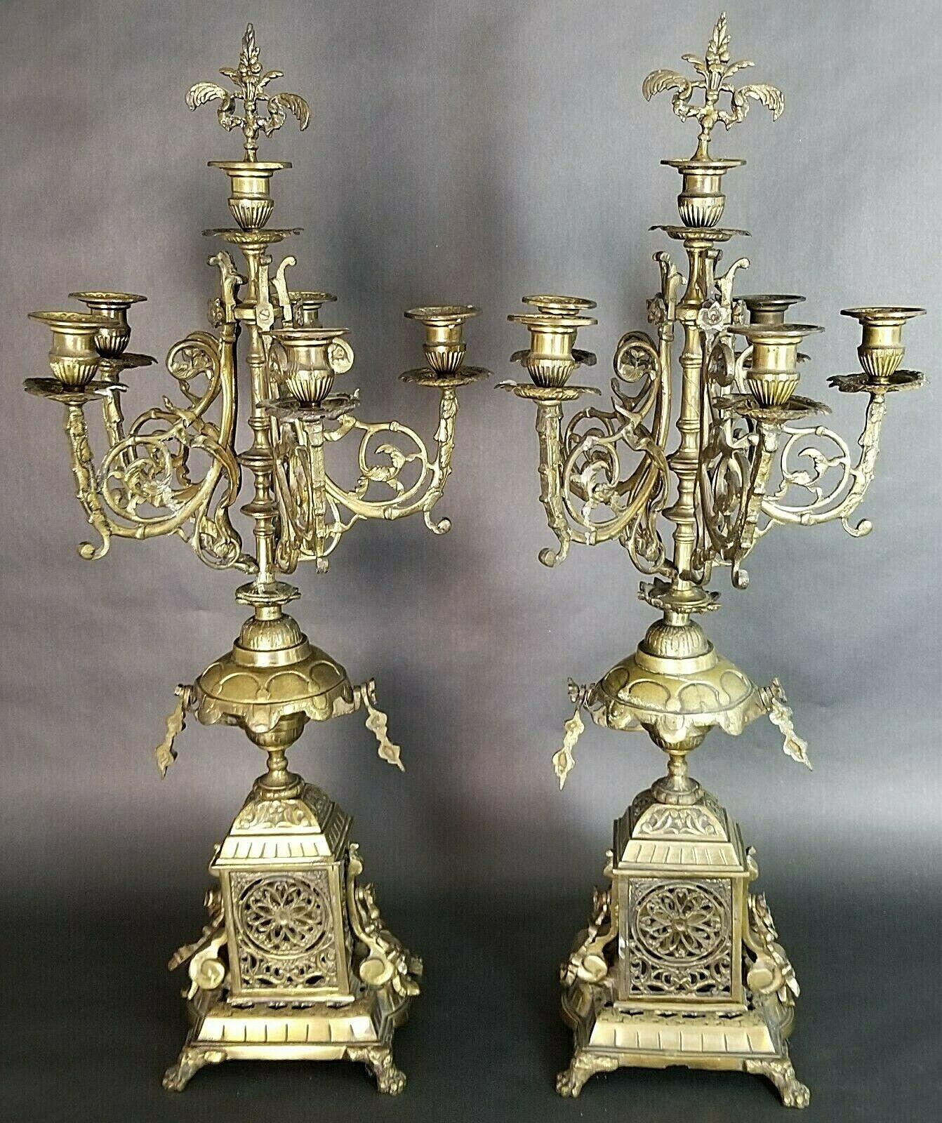 Pair of antique Italian Ornate bronze French Louis XV style Rococo 6 point candelabras

Center top 6th candle holder has a removable finial which may be able to be used as a snuffer.

Approximate Measurements
26 1/2
