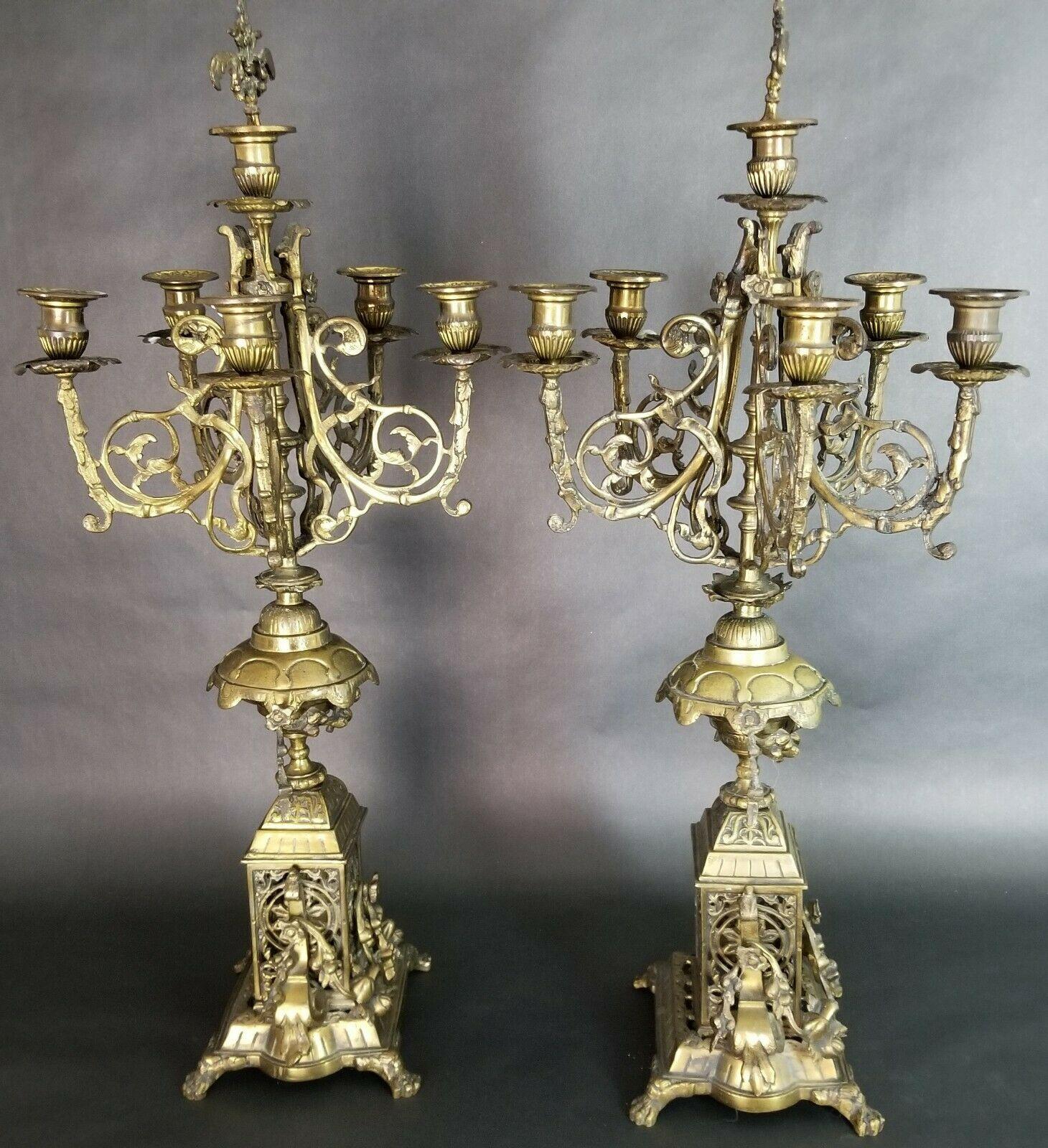 Antique Italian Ornate Bronze French Louis XV Rococo 6 Point Candelabras In Good Condition For Sale In Lake Worth, FL