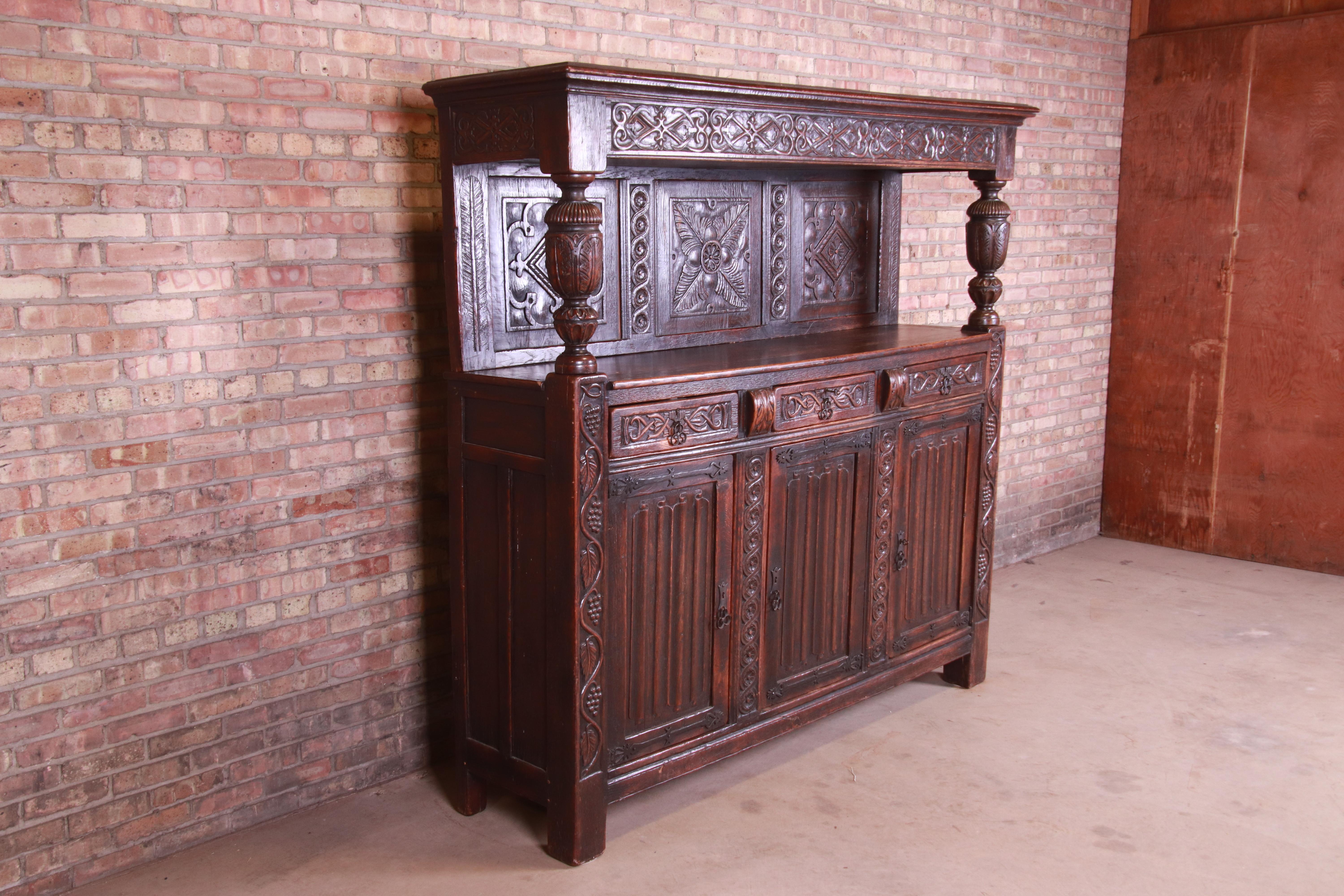 Renaissance Revival Antique Italian Ornate Carved Oak Sideboard or Bar Cabinet, circa 1800