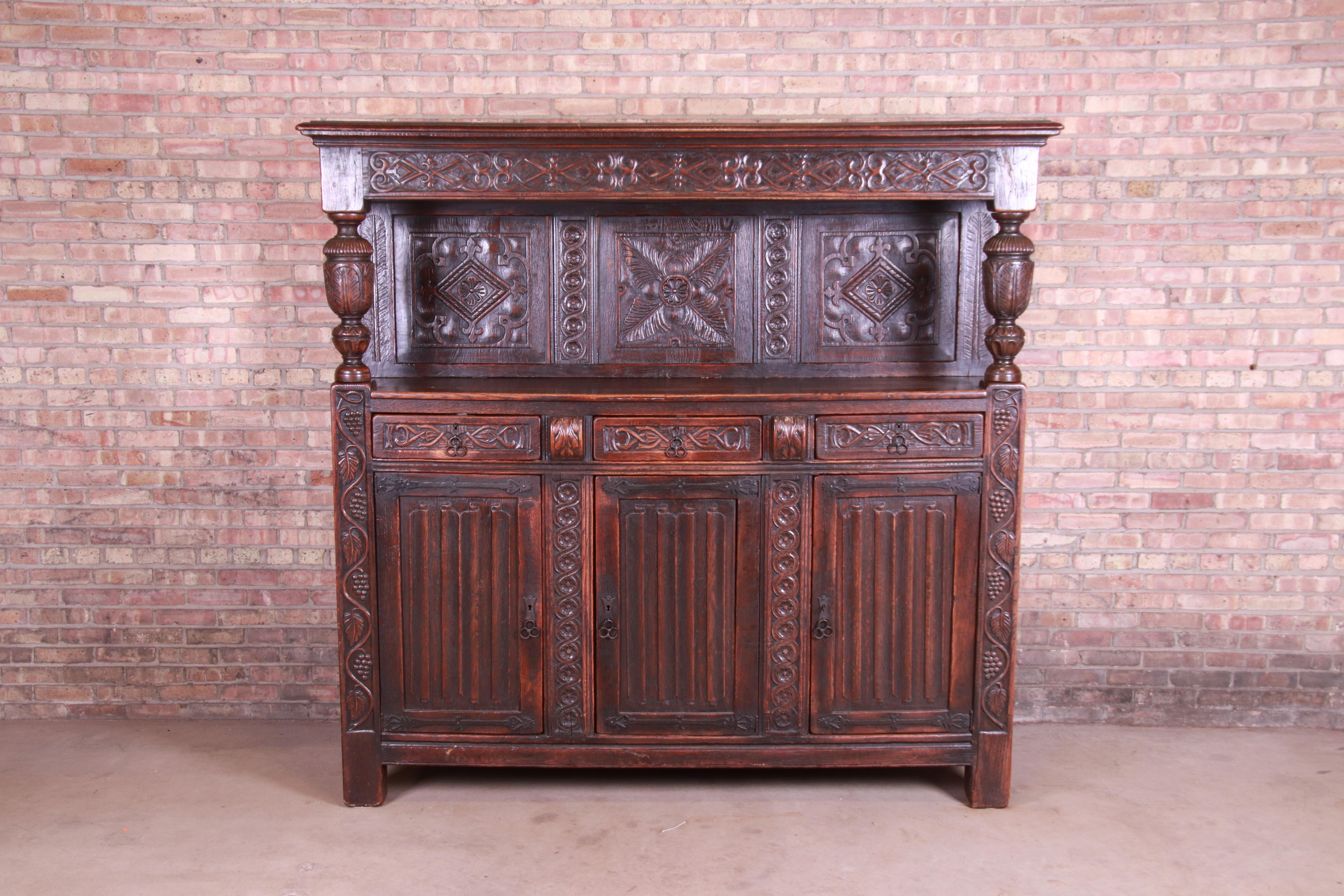 19th Century Antique Italian Ornate Carved Oak Sideboard or Bar Cabinet, circa 1800