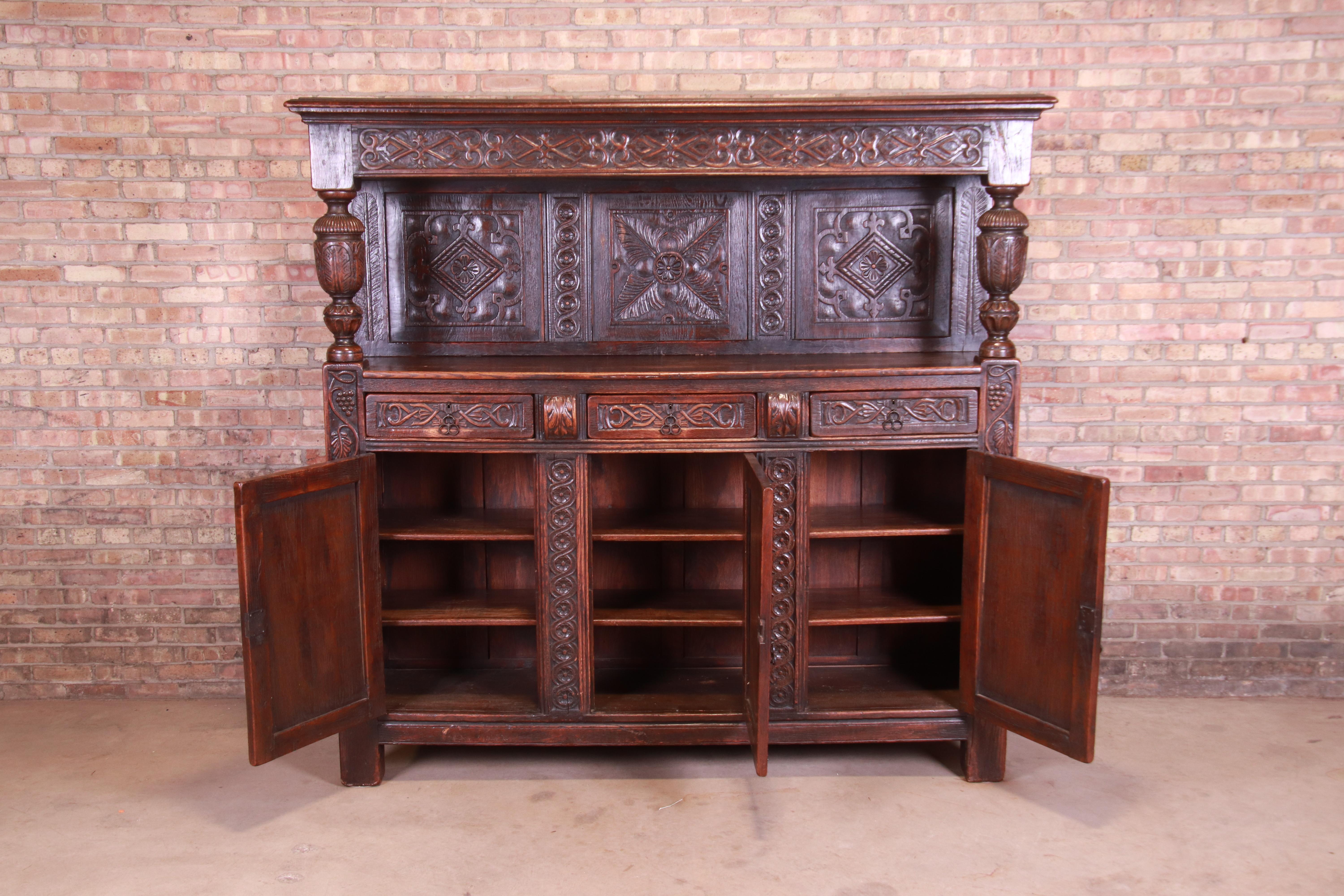 Wrought Iron Antique Italian Ornate Carved Oak Sideboard or Bar Cabinet, circa 1800