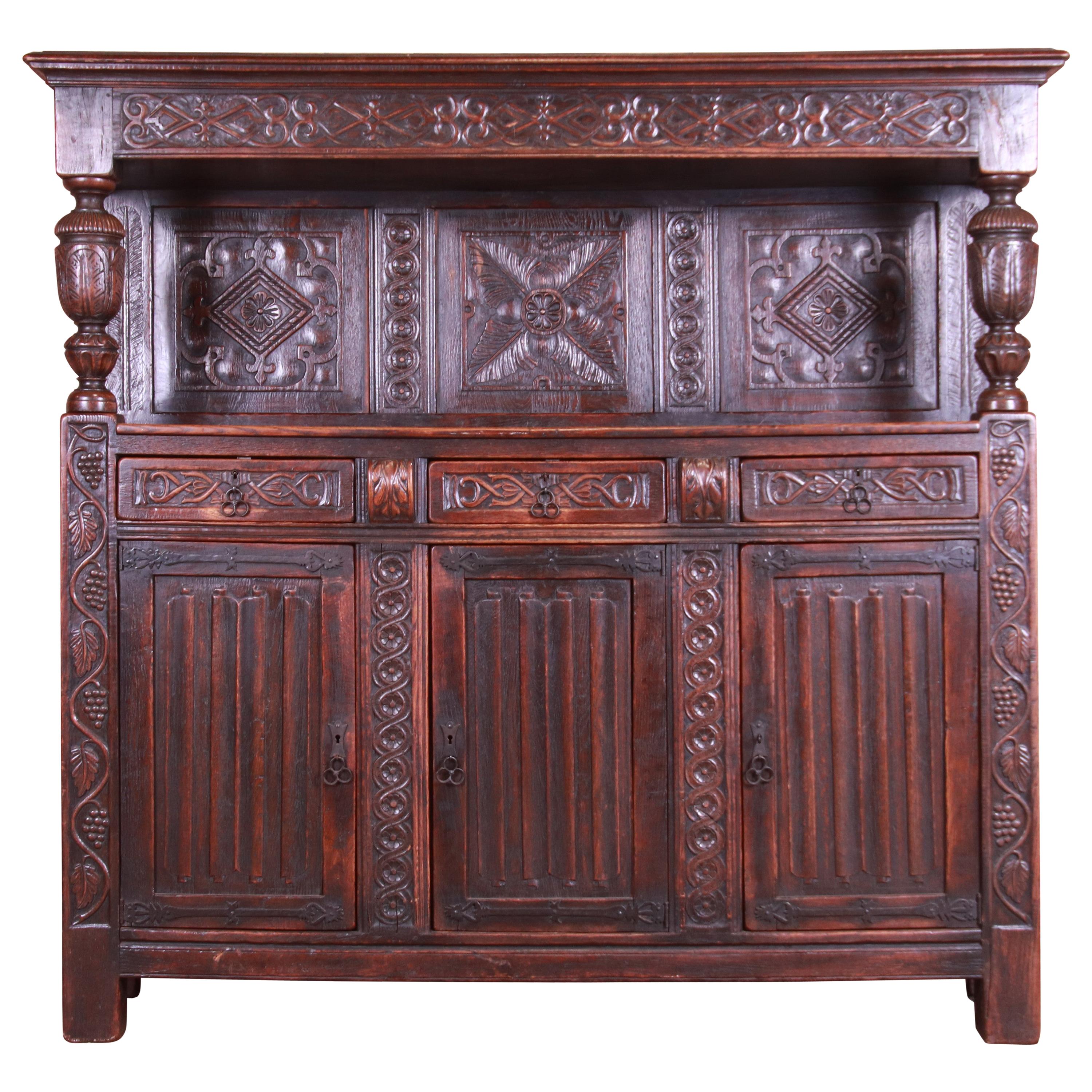 Antique Italian Ornate Carved Oak Sideboard or Bar Cabinet, circa 1800