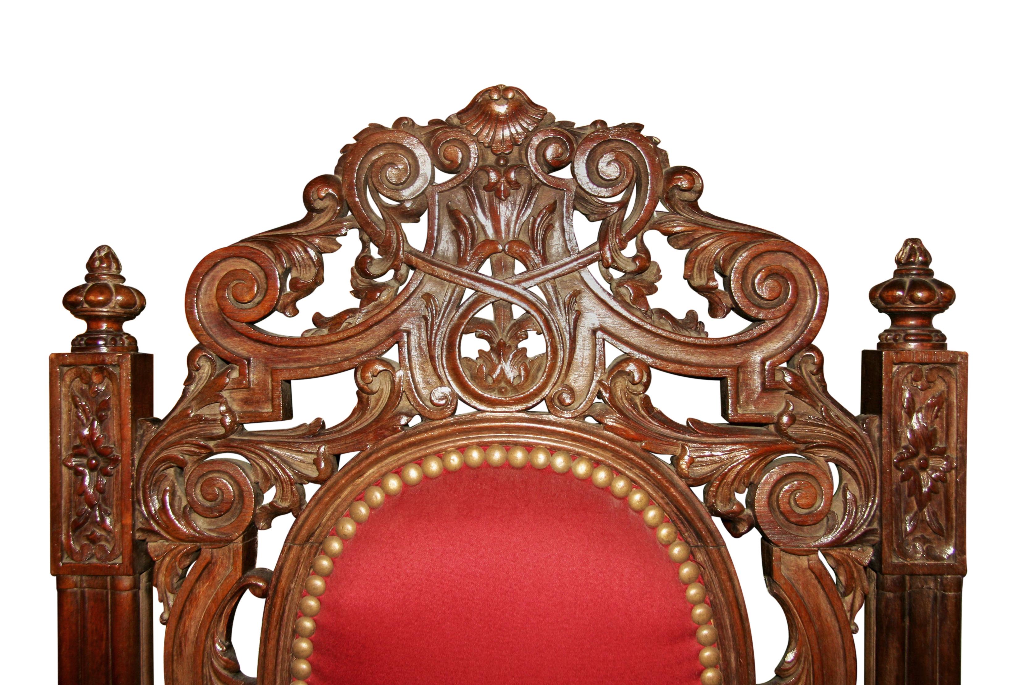 Antique Italian Ornate Carved Walnut Throne Armchairs with Red
