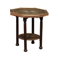 Antique Italian Ornately Etched Brass & Wood Two-Tier Accent Table