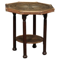 Antique Italian Ornately Etched Brass & Wood Two-Tier Accent Table