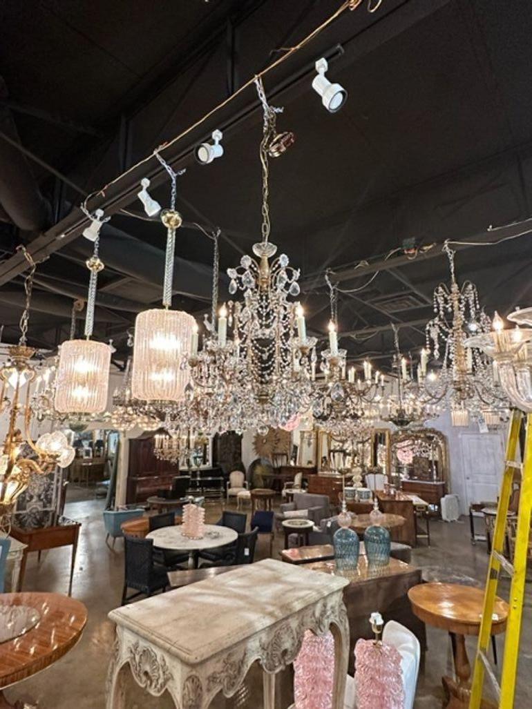Antique Italian Pagoda Form Beaded Crystal 6 Light Chandeliers In Good Condition For Sale In Dallas, TX