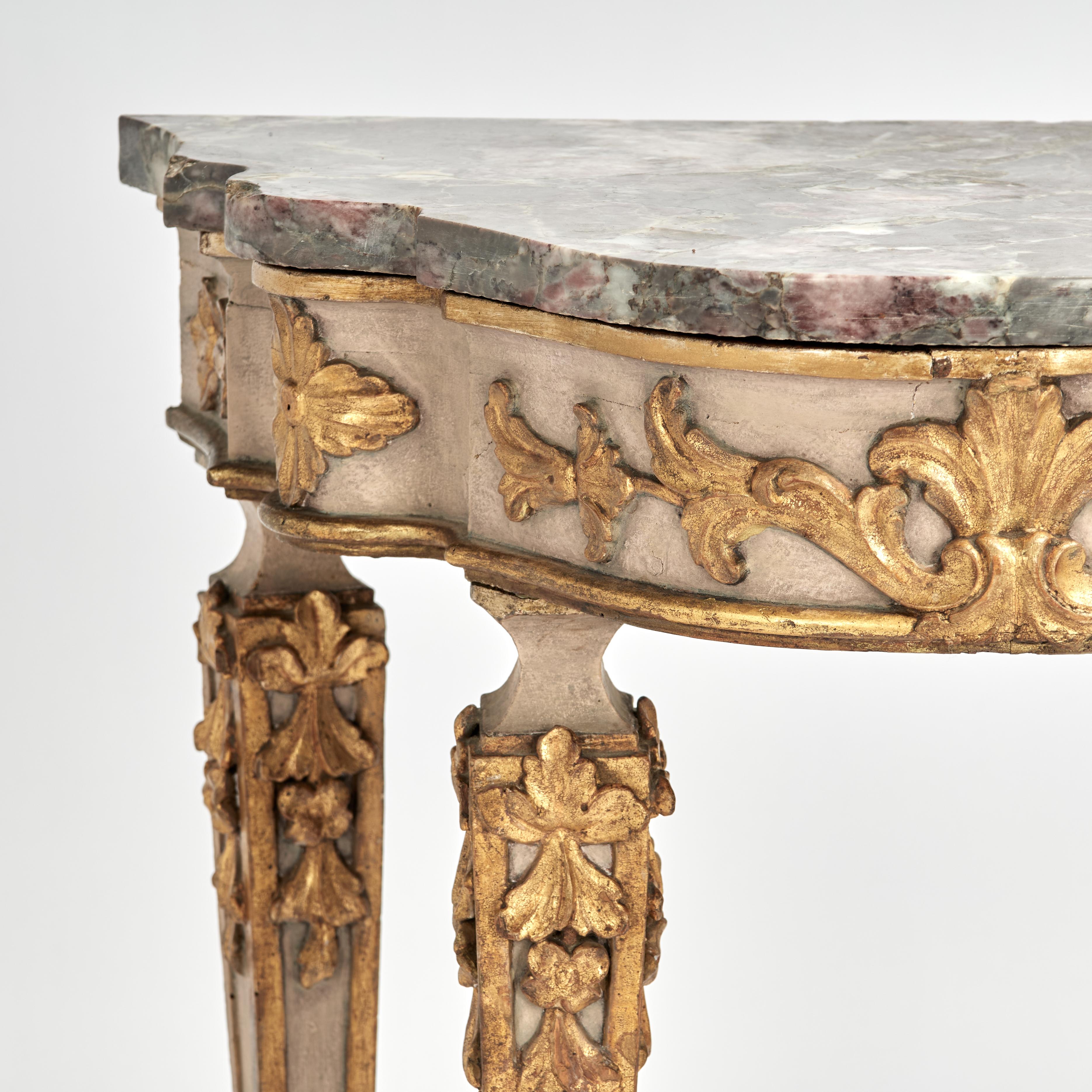 Baroque Antique Italian Painted and Parcel Gilt Marble Top Console For Sale