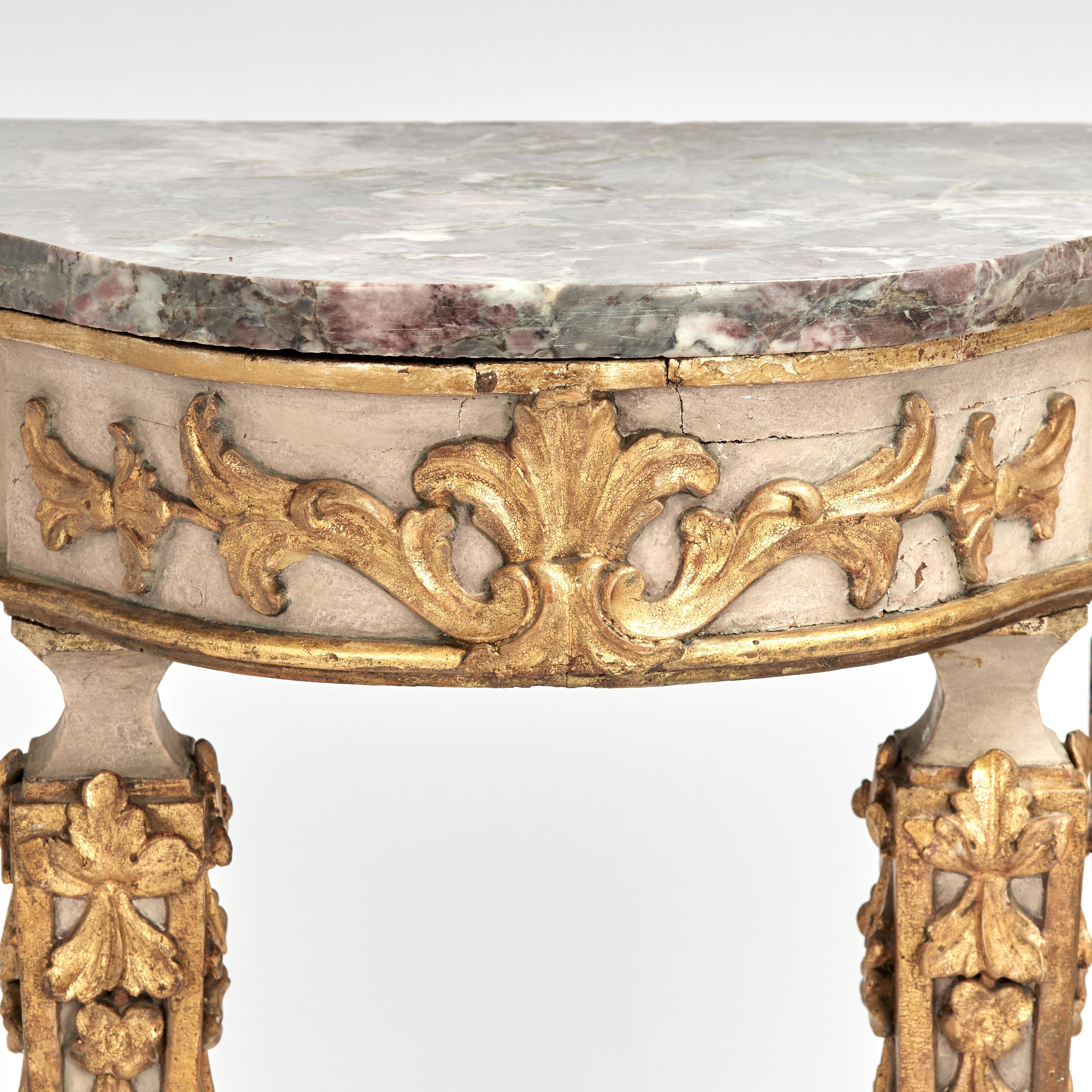 Hand-Crafted Antique Italian Painted and Parcel Gilt Marble Top Console For Sale