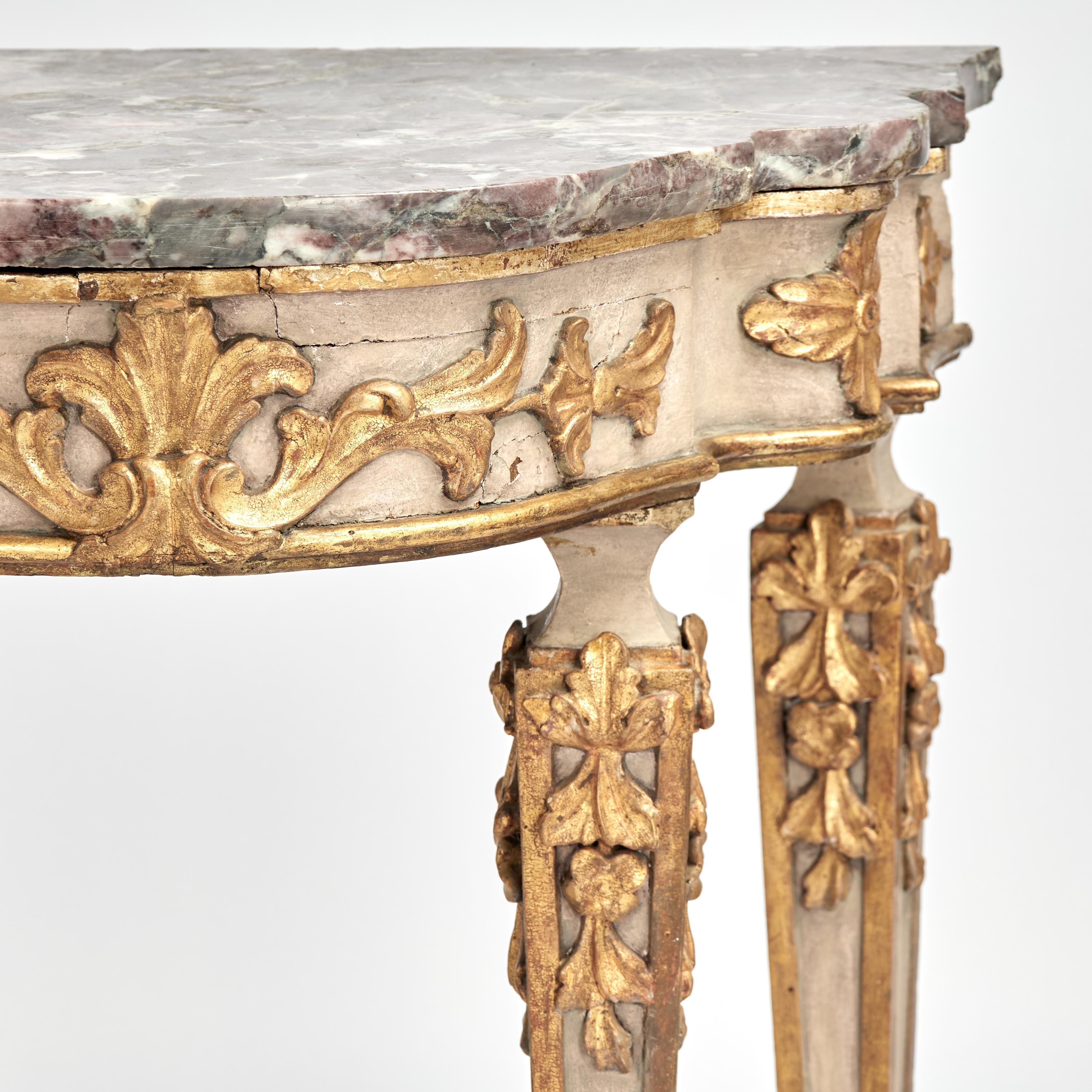 Antique Italian Painted and Parcel Gilt Marble Top Console In Good Condition For Sale In Palm Beach, FL
