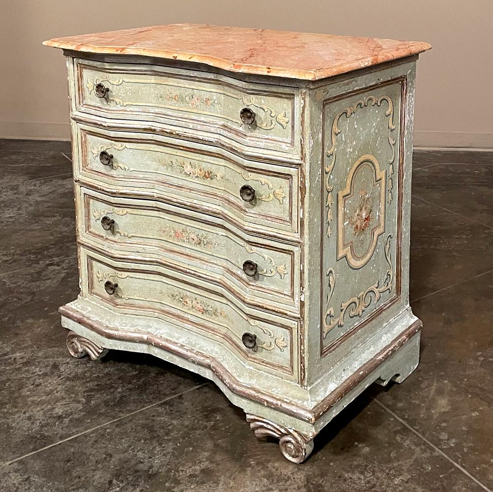 Brass Antique Italian Painted Commode with Faux Painted Marble Top For Sale