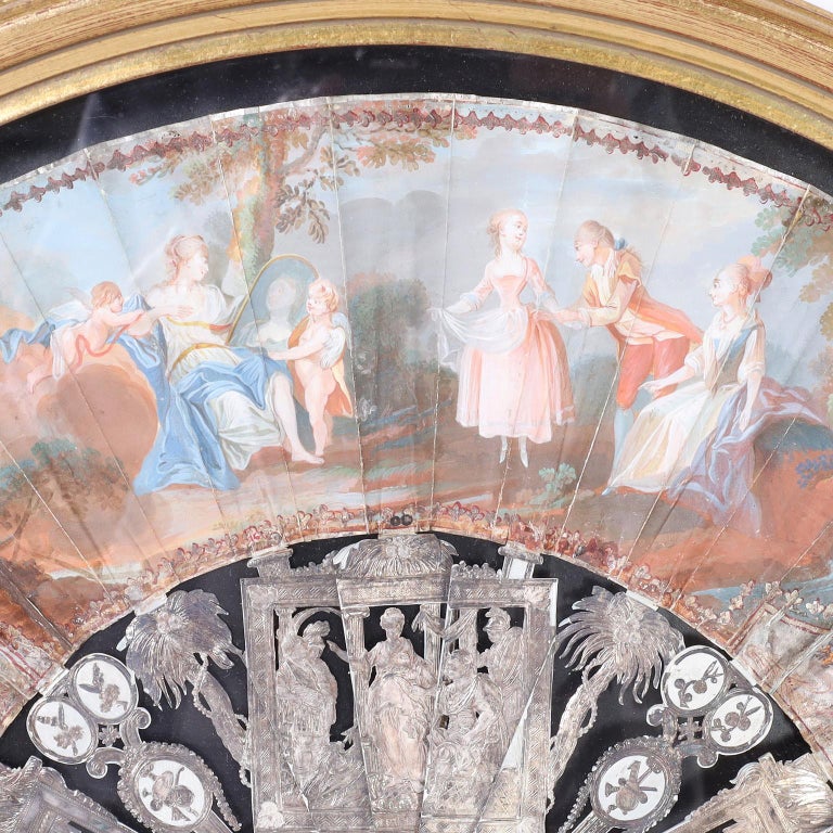 Antique Italian Painted Hand Fan in a Glass Case For Sale at 1stDibs