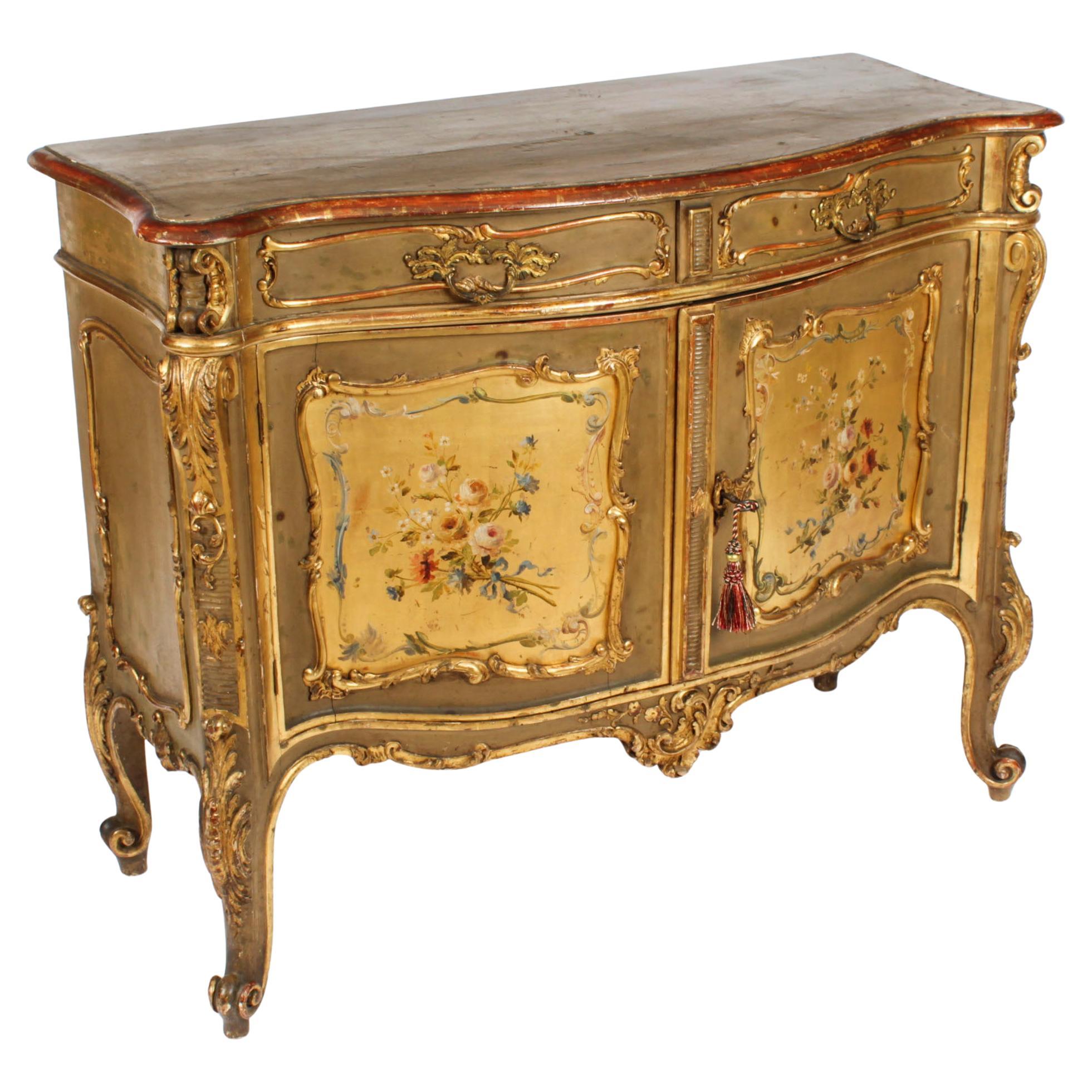 Antique Italian Painted Parcel Gilt Serpentine Cabinet Commode 19th Century