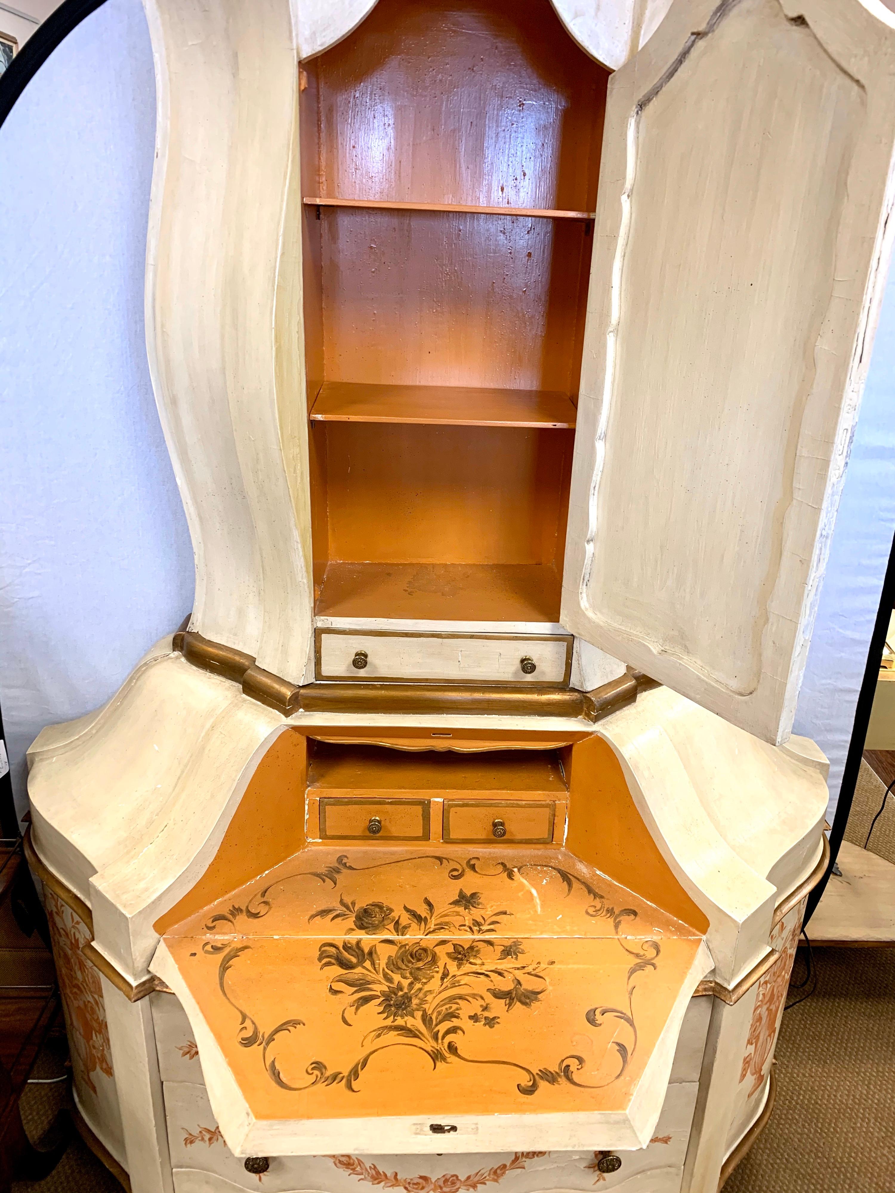 Wood Antique Italian Painted Secretary Desk Bookcase