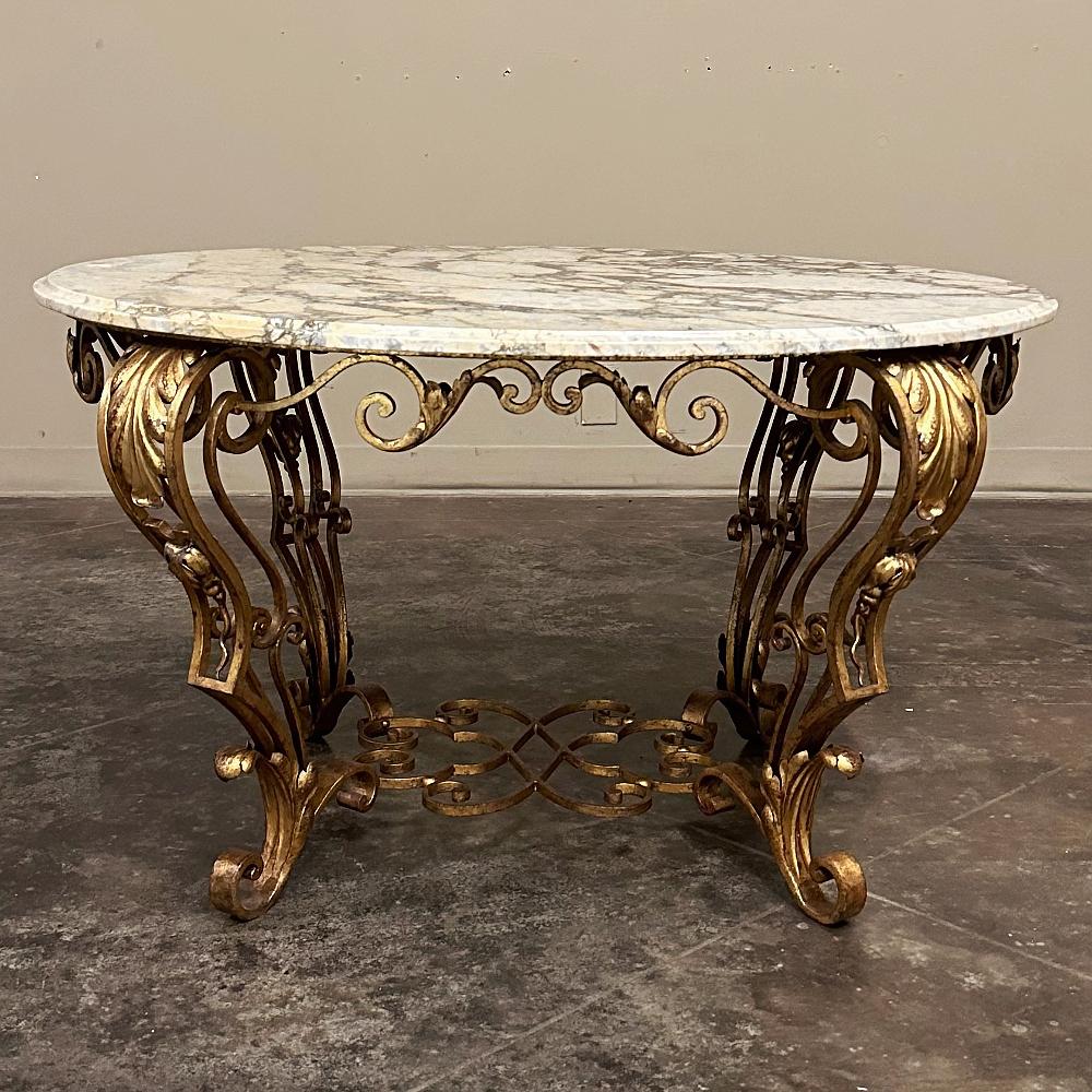 Louis XIV Antique Italian Painted Wrought Iron Marble Top Coffee Table For Sale