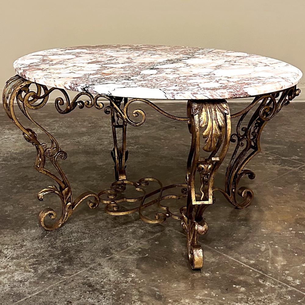 Louis XIV Antique Italian Painted Wrought Iron Marble Top Coffee Table For Sale