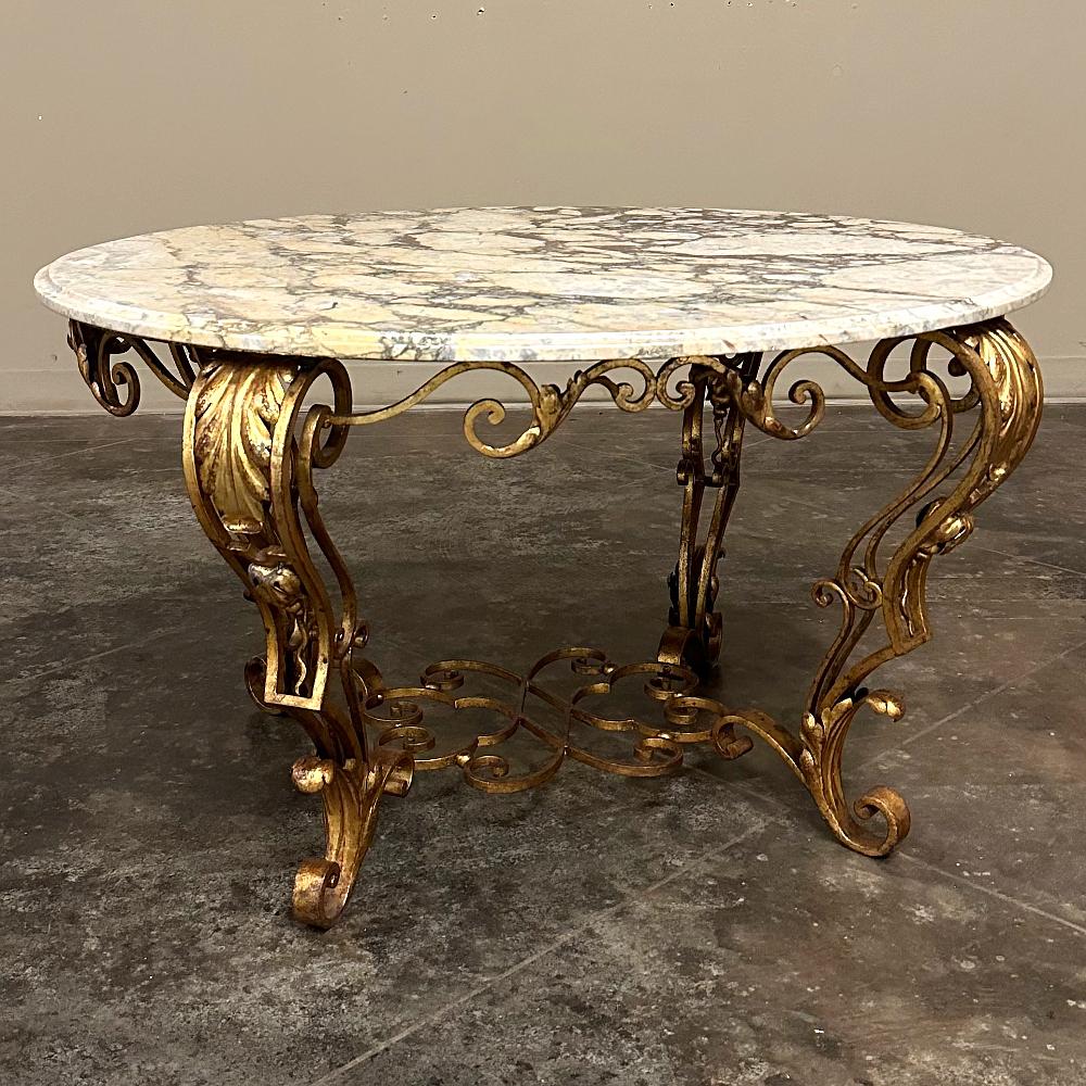 Hand-Crafted Antique Italian Painted Wrought Iron Marble Top Coffee Table For Sale