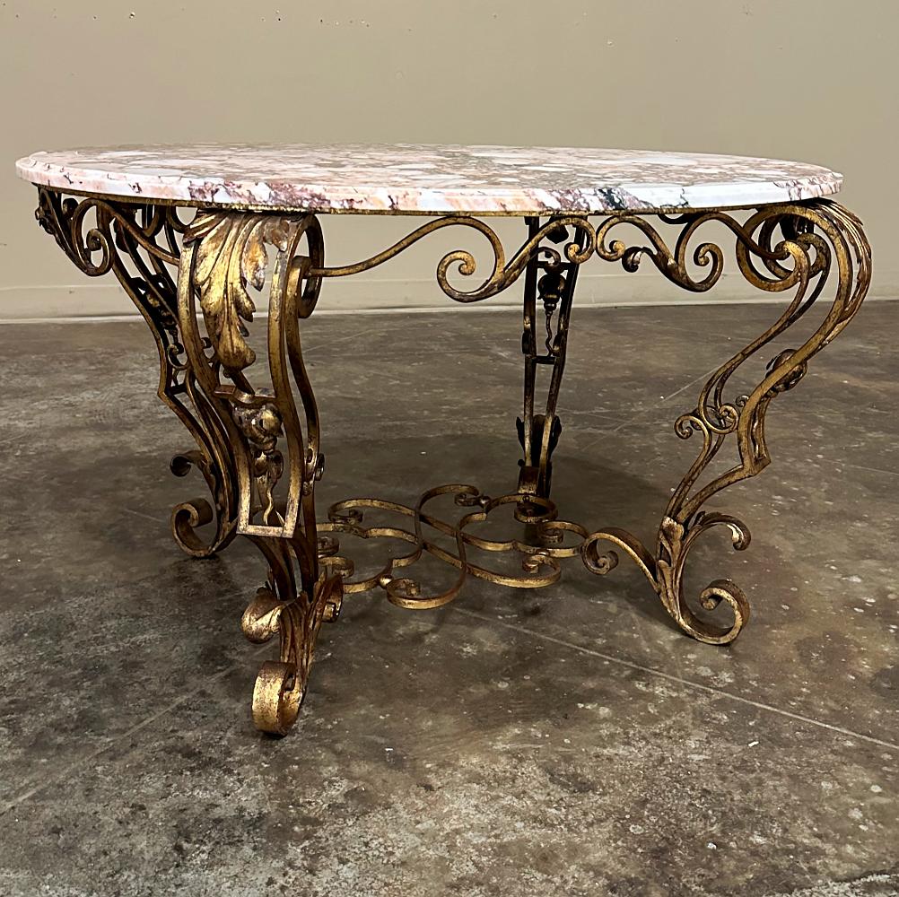 Hand-Crafted Antique Italian Painted Wrought Iron Marble Top Coffee Table For Sale