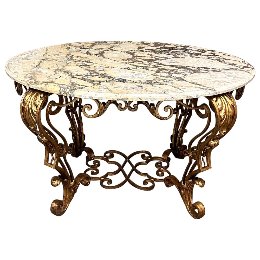 Antique Italian Painted Wrought Iron Marble Top Coffee Table