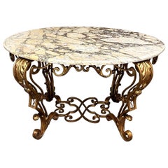 Antique Italian Painted Wrought Iron Marble Top Coffee Table