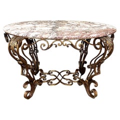 Used Italian Painted Wrought Iron Marble Top Coffee Table