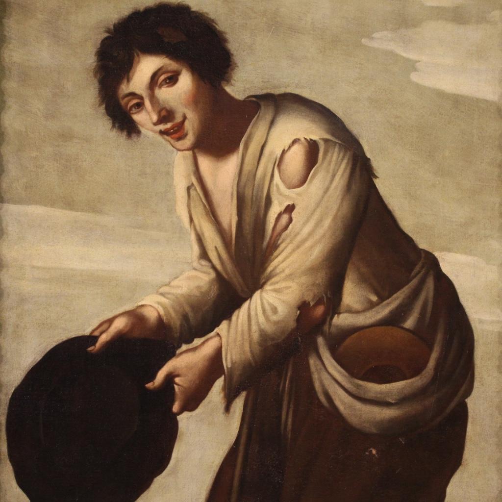 Ancient painting Italian of the second half of the 18th century. Opera oil on canvas depicting Beggar of good pictorial quality. Painting of great measure and intensity that has undergone a conservative restoration and relining during the 20th
