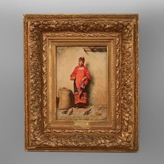 Antique Italian Painting, Genre Scene by Guzzardi, Girl & Birds, 19th C